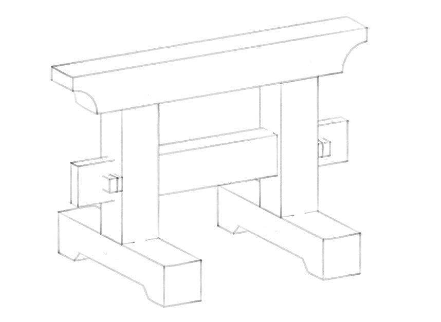 Discover the Shelter Institute's Timber Frame Saw Horse Cut Sheet Package, featuring a line drawing of a wooden trestle table base with interlocking joints and a rectangular top, ideal for your next DIY woodworking project.