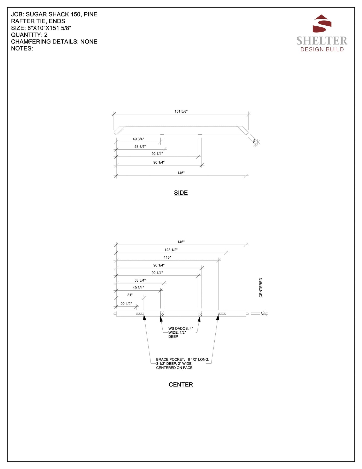 Technical drawings of a timber frame structure using Eastern White Pine, with labeled dimensions for side and center views. Created by Shelter Institute for The Somerset 14x16: Timber Frame Plans & Cut Sheet Package.