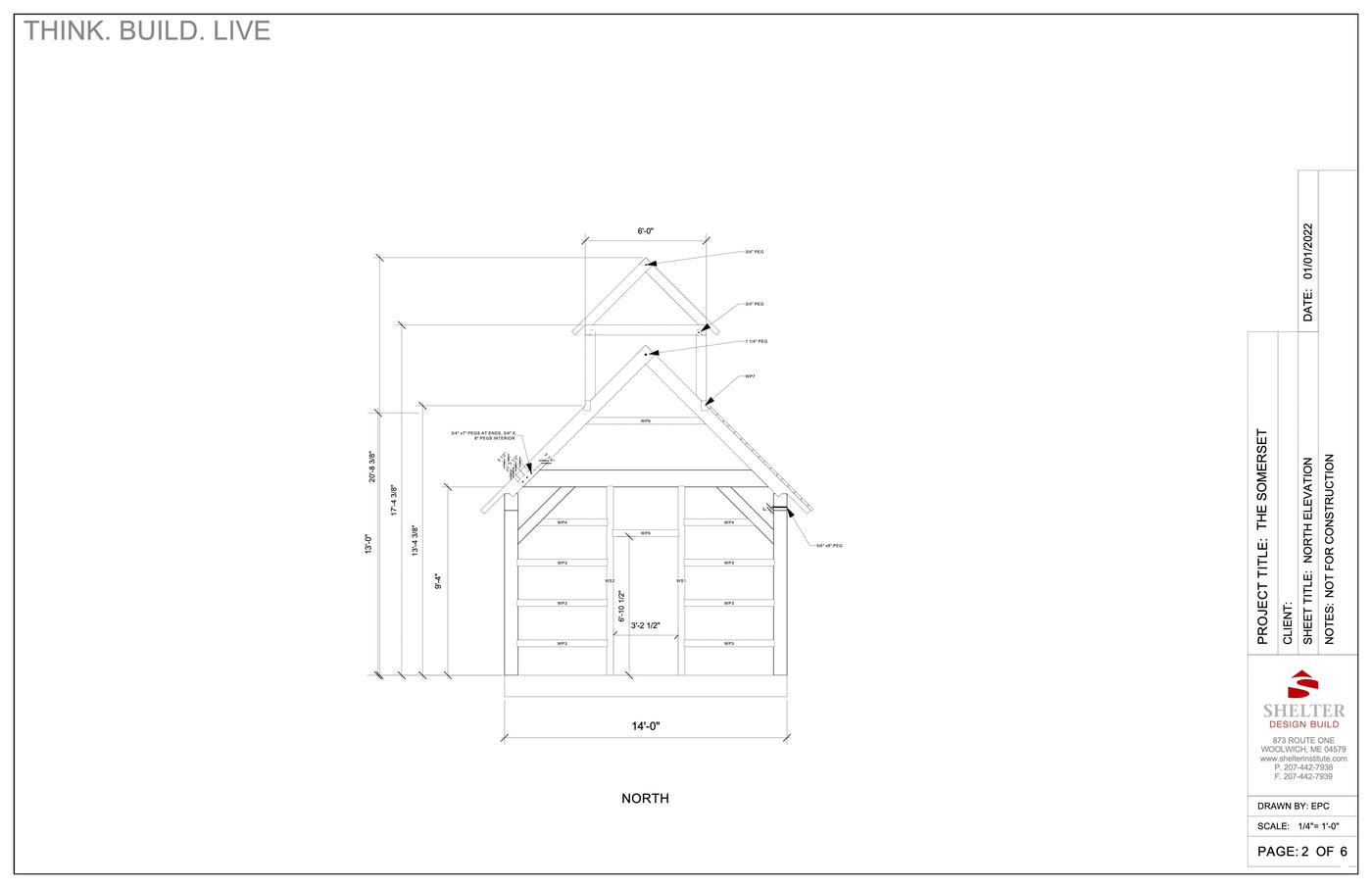 Blueprint for "The Somerset 14x16" from Shelter Institute, detailing a treehouse structure with labeled measurements and a sturdy Eastern White Pine frame. Titled "The Dwelling," it evokes sugar shack charm. Date: 07/05/2023. Page 2 of 6.