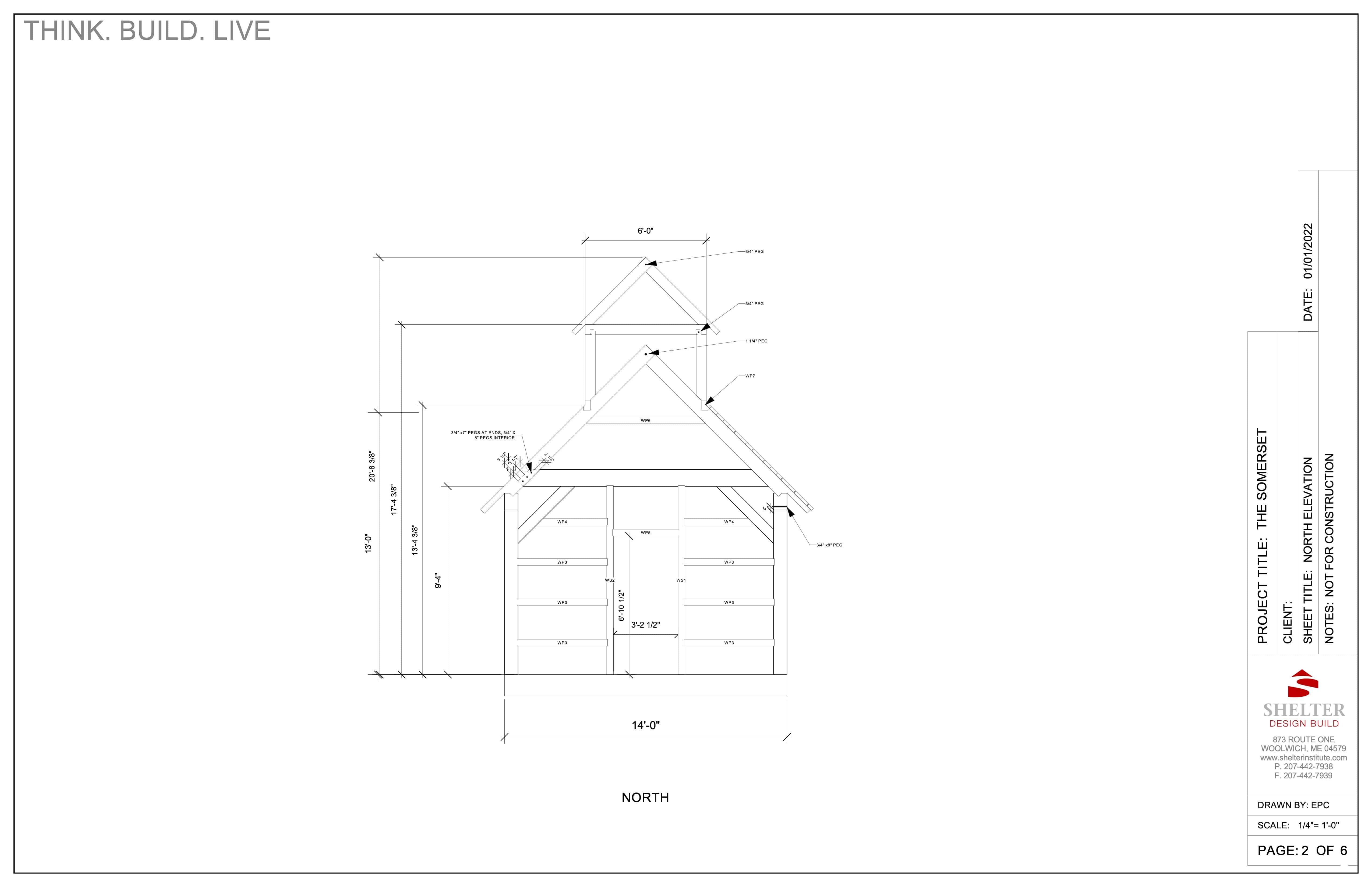 Blueprint for "The Somerset 14x16" from Shelter Institute, detailing a treehouse structure with labeled measurements and a sturdy Eastern White Pine frame. Titled "The Dwelling," it evokes sugar shack charm. Date: 07/05/2023. Page 2 of 6.