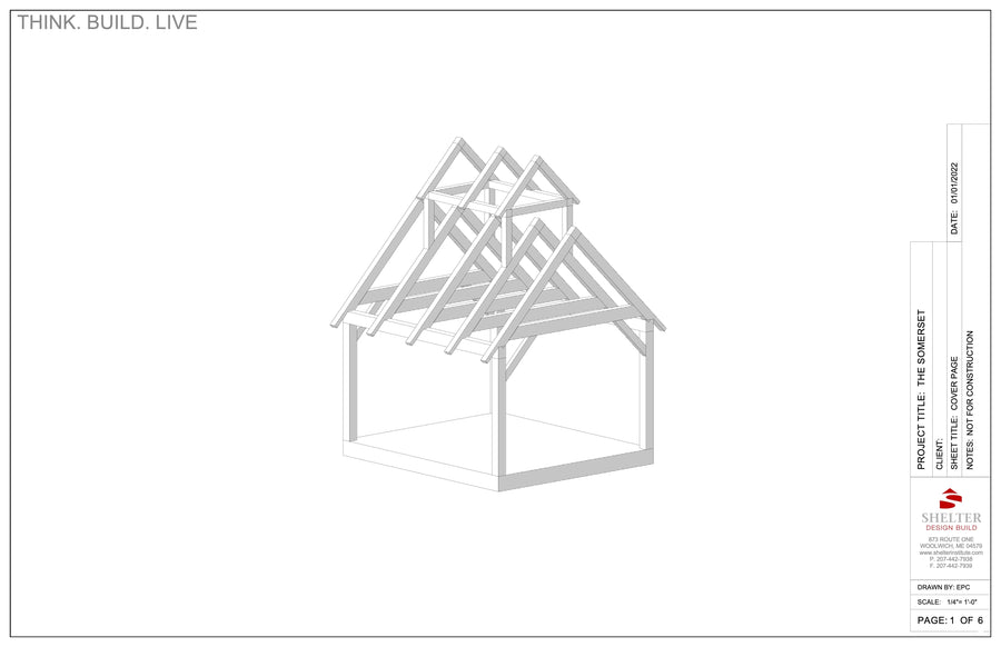 The Somerset 14x16 Timber Frame Plans & Cut Sheet Package from Shelter Institute showcases a gabled roof and structural elements on a white background, reminiscent of a traditional sugar shack.