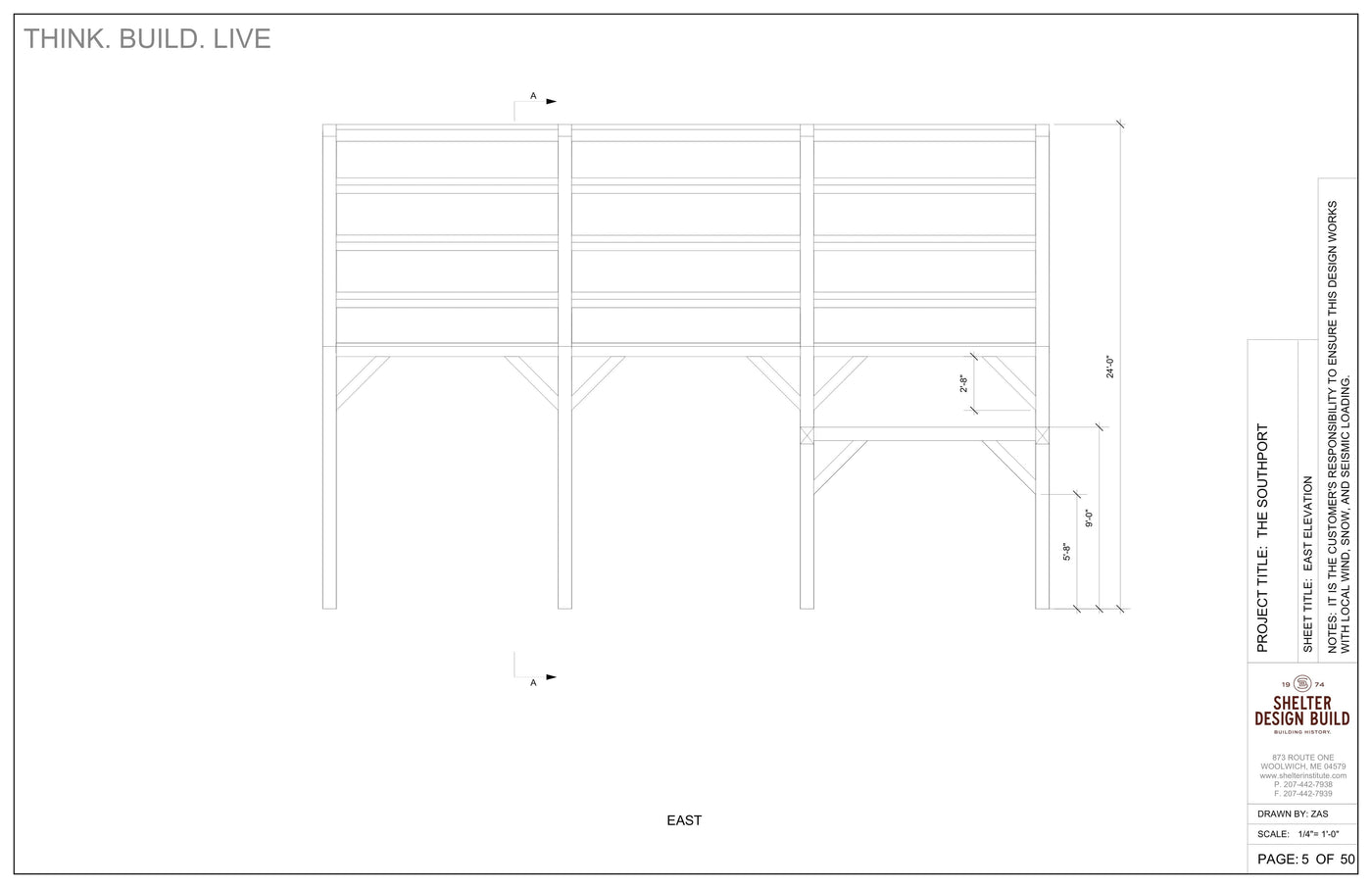 Technical drawing of The Southport 24x36 Hammerbeam: Timber Frame Plan & Cut Sheet Package by Shelter Institute, showing the east elevation with support posts, horizontal boards, measurements, project title, logo, and Think. Build. Live. slogan at top left.