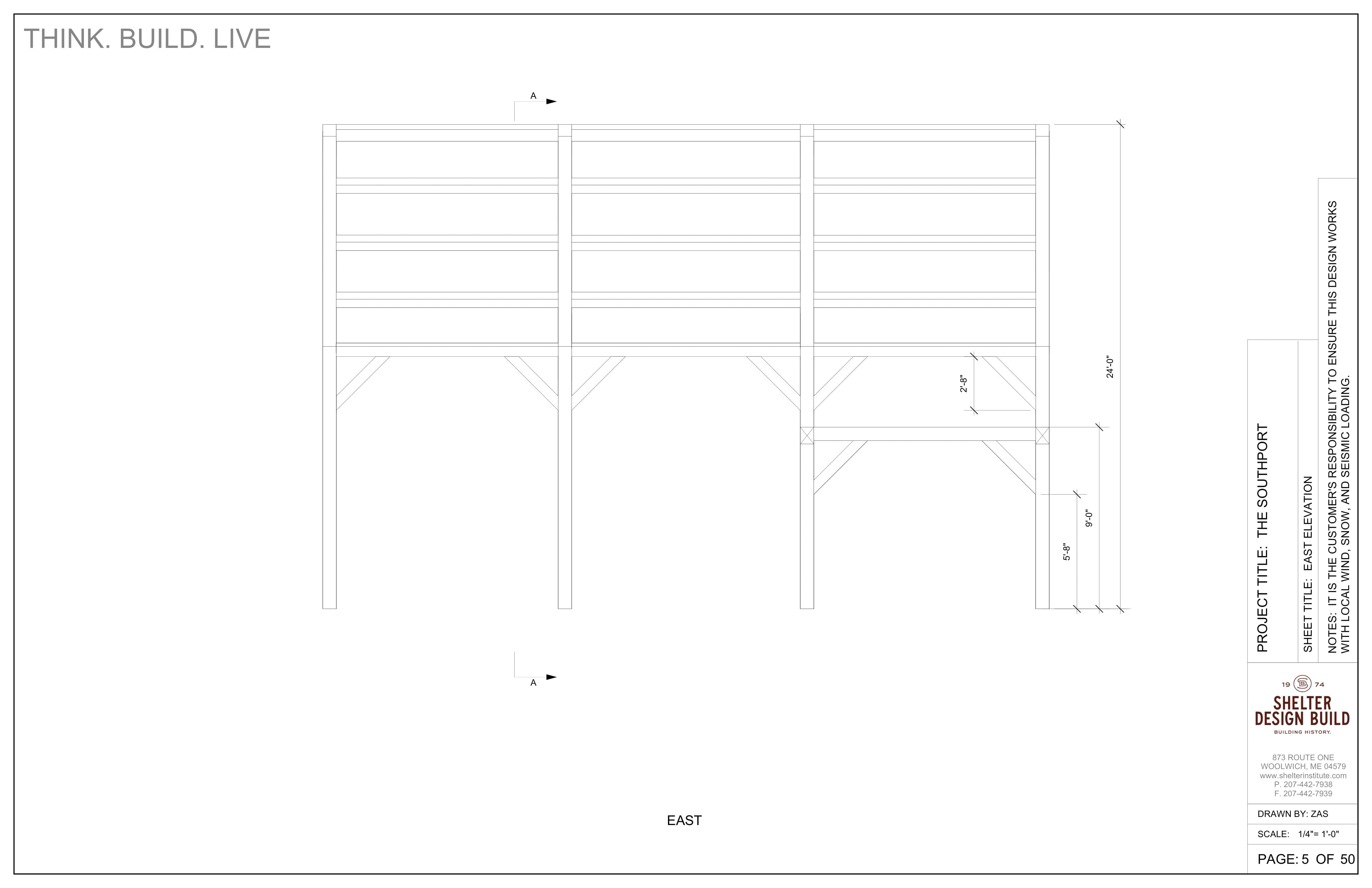Technical drawing of The Southport 24x36 Hammerbeam: Timber Frame Plan & Cut Sheet Package by Shelter Institute, showing the east elevation with support posts, horizontal boards, measurements, project title, logo, and Think. Build. Live. slogan at top left.