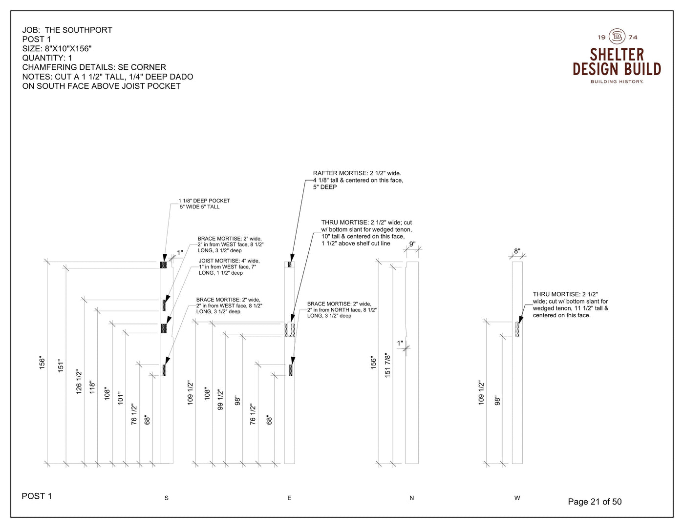 The Southport 24x36 Hammerbeam Timber Frame Plan & Cut Sheet Package by Shelter Institute features an architectural diagram with detailed joinery instructions, labeled posts (N, E, S, W), and precise mortise, dado, and pocket measurements.