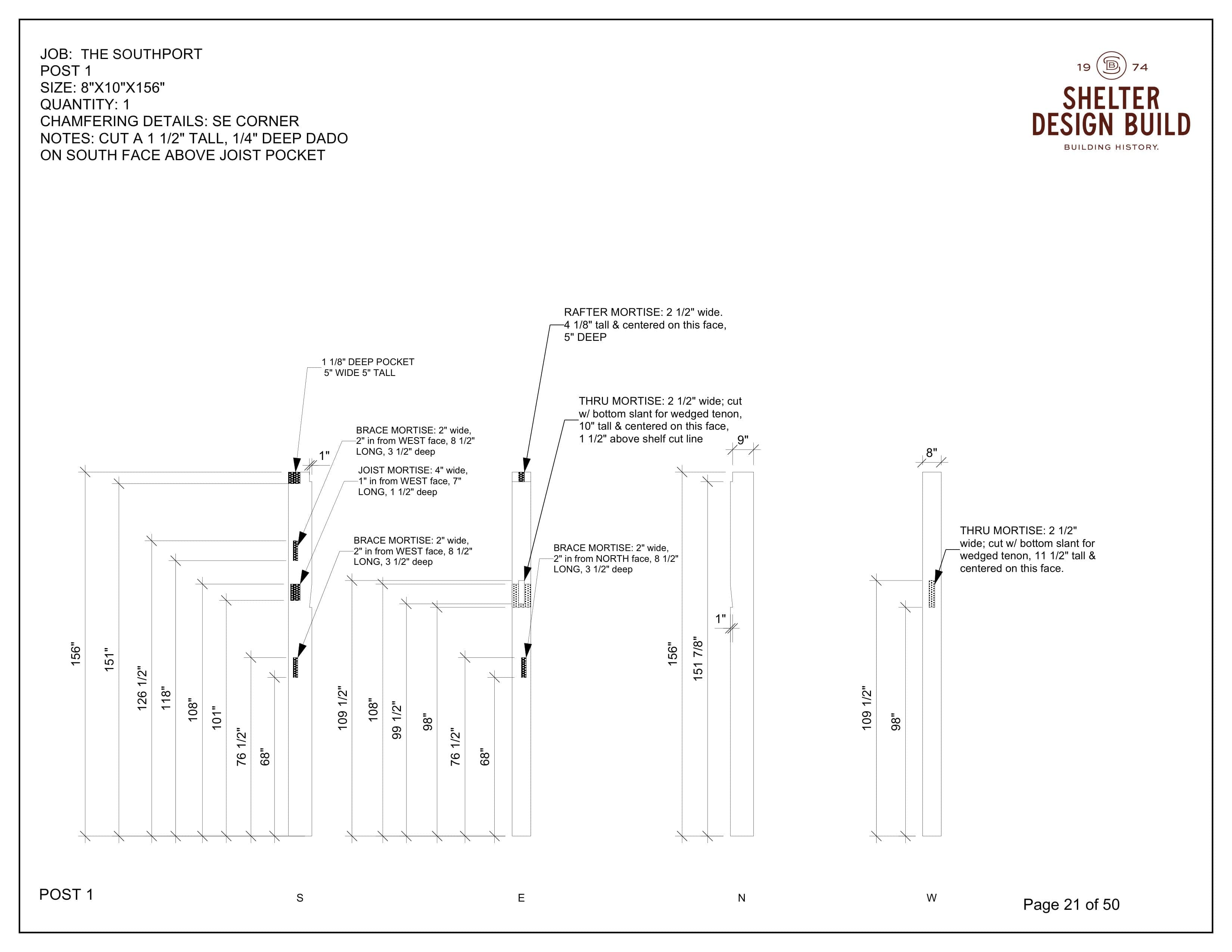 The Southport 24x36 Hammerbeam Timber Frame Plan & Cut Sheet Package by Shelter Institute features an architectural diagram with detailed joinery instructions, labeled posts (N, E, S, W), and precise mortise, dado, and pocket measurements.