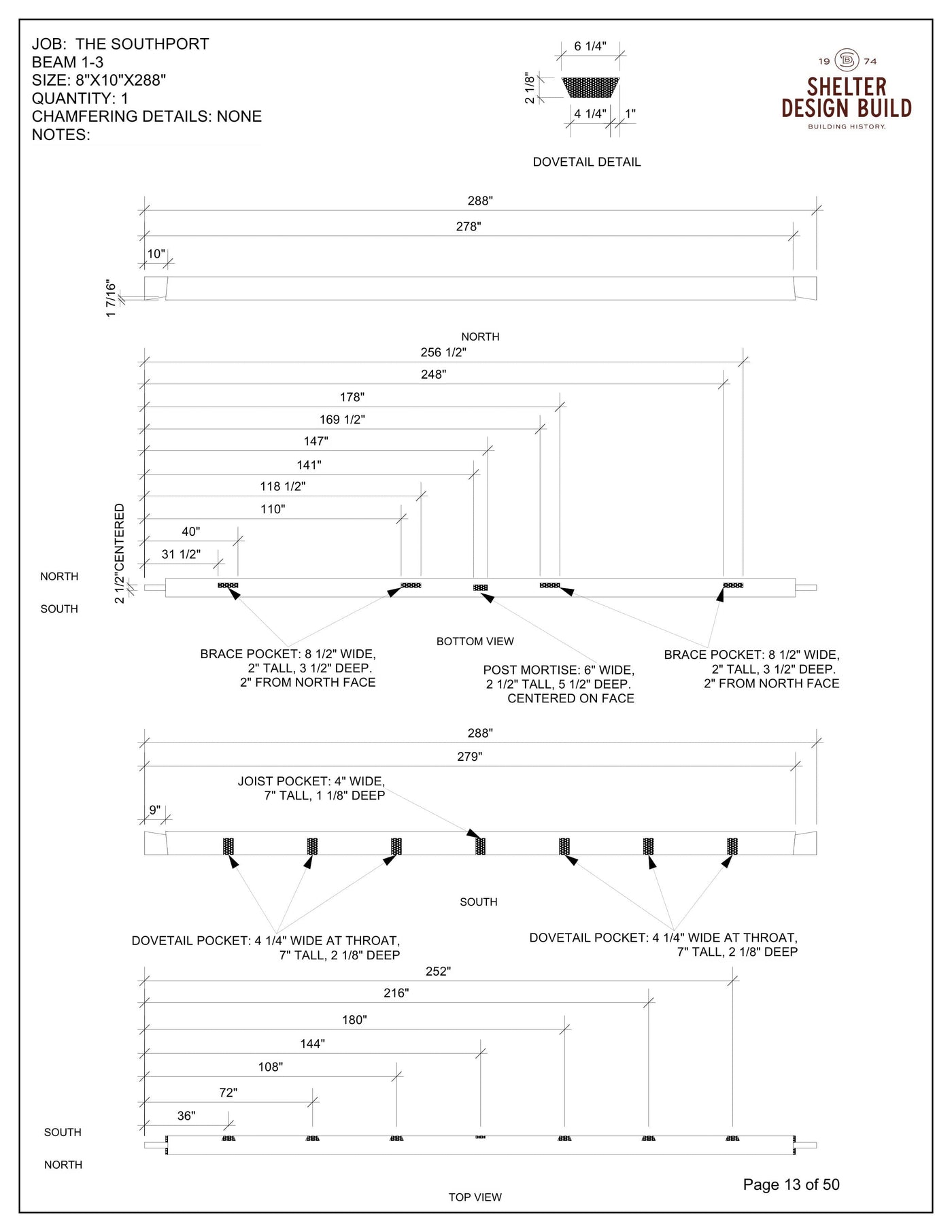 Shelter Institute’s The Southport 24x36 Hammerbeam Timber Frame Plan & Cut Sheet Package includes detailed labeled drawings for beam 1-3, with dimensions, views (dovetail, bottom, top), and brace pocket notes for your timber frame project.