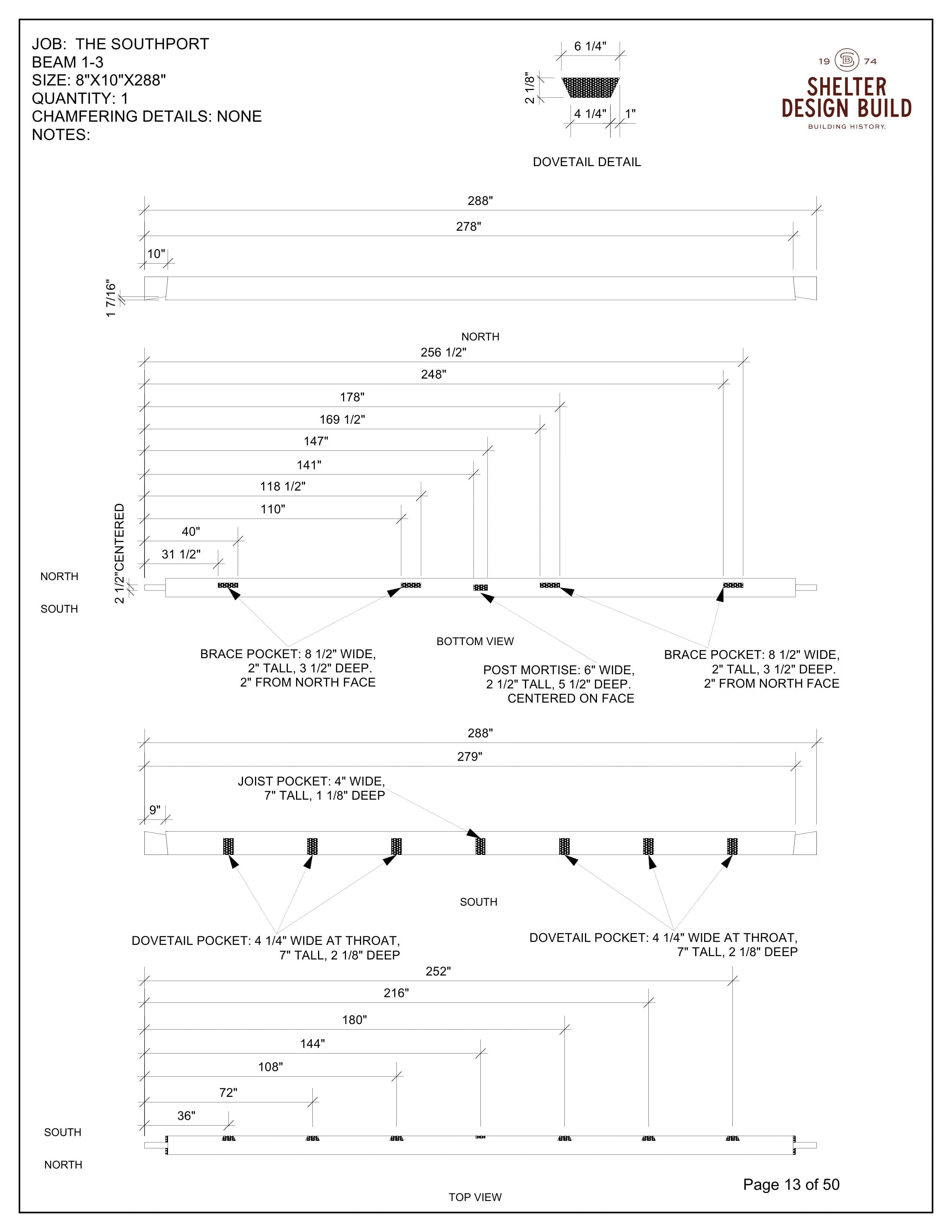 Shelter Institute’s The Southport 24x36 Hammerbeam Timber Frame Plan & Cut Sheet Package includes detailed labeled drawings for beam 1-3, with dimensions, views (dovetail, bottom, top), and brace pocket notes for your timber frame project.