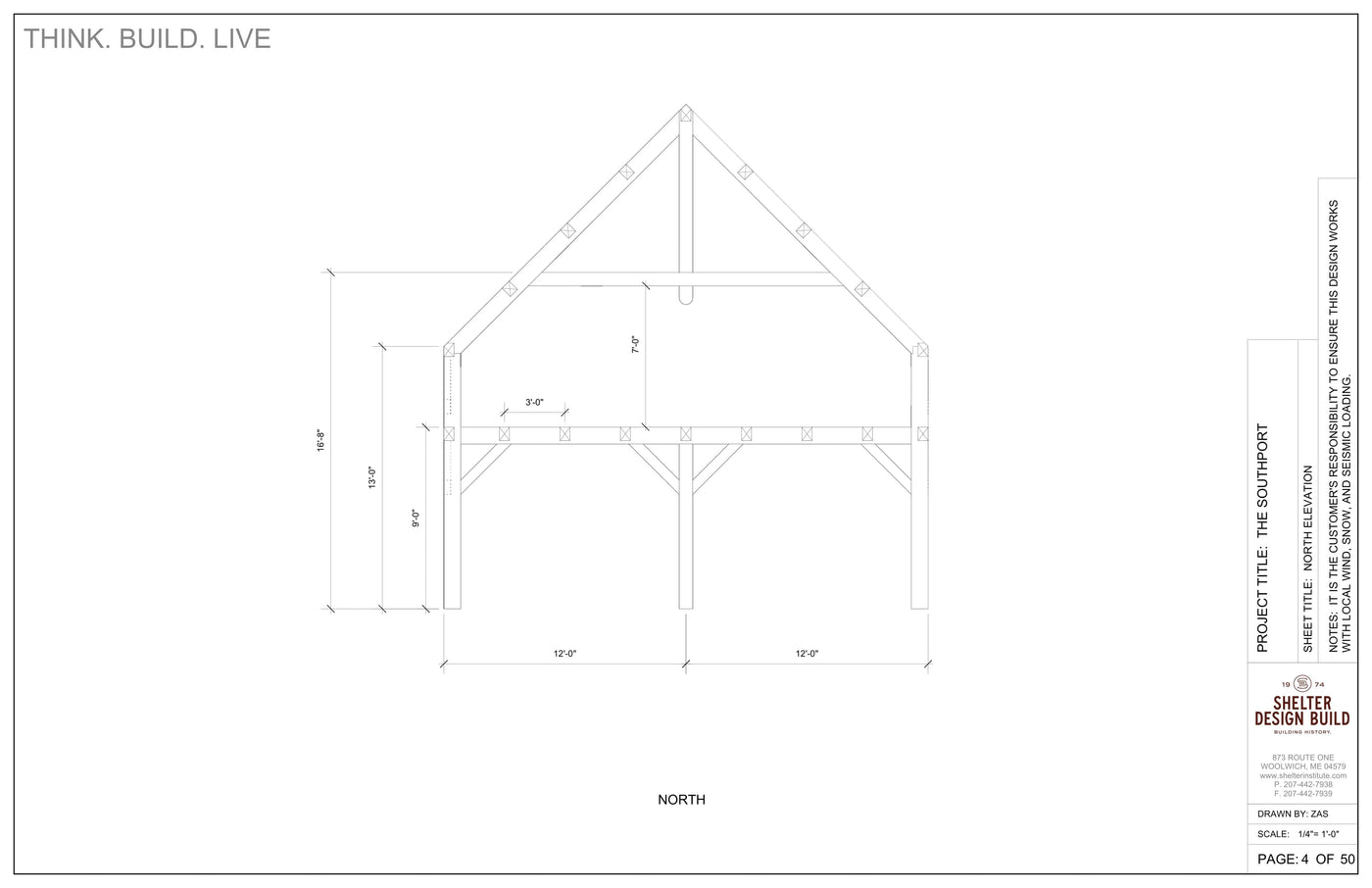 Line drawing of the Southport 24x36 Hammerbeam timber frame by Shelter Institute, featuring a pitched roof and dimensions. Text reads Think. Build. Live., with project info and cut sheet package details on the right.