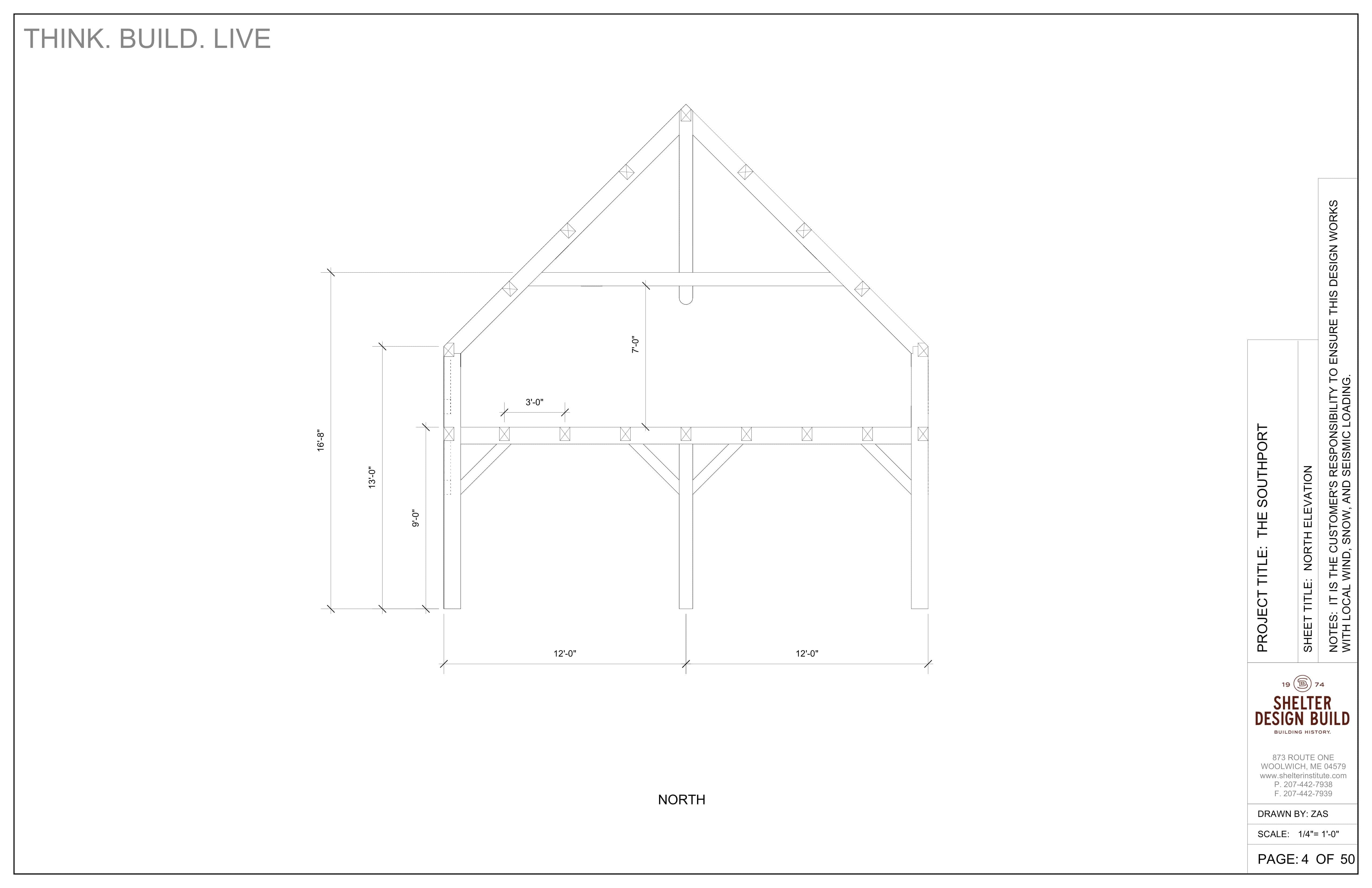 Line drawing of the Southport 24x36 Hammerbeam timber frame by Shelter Institute, featuring a pitched roof and dimensions. Text reads Think. Build. Live., with project info and cut sheet package details on the right.