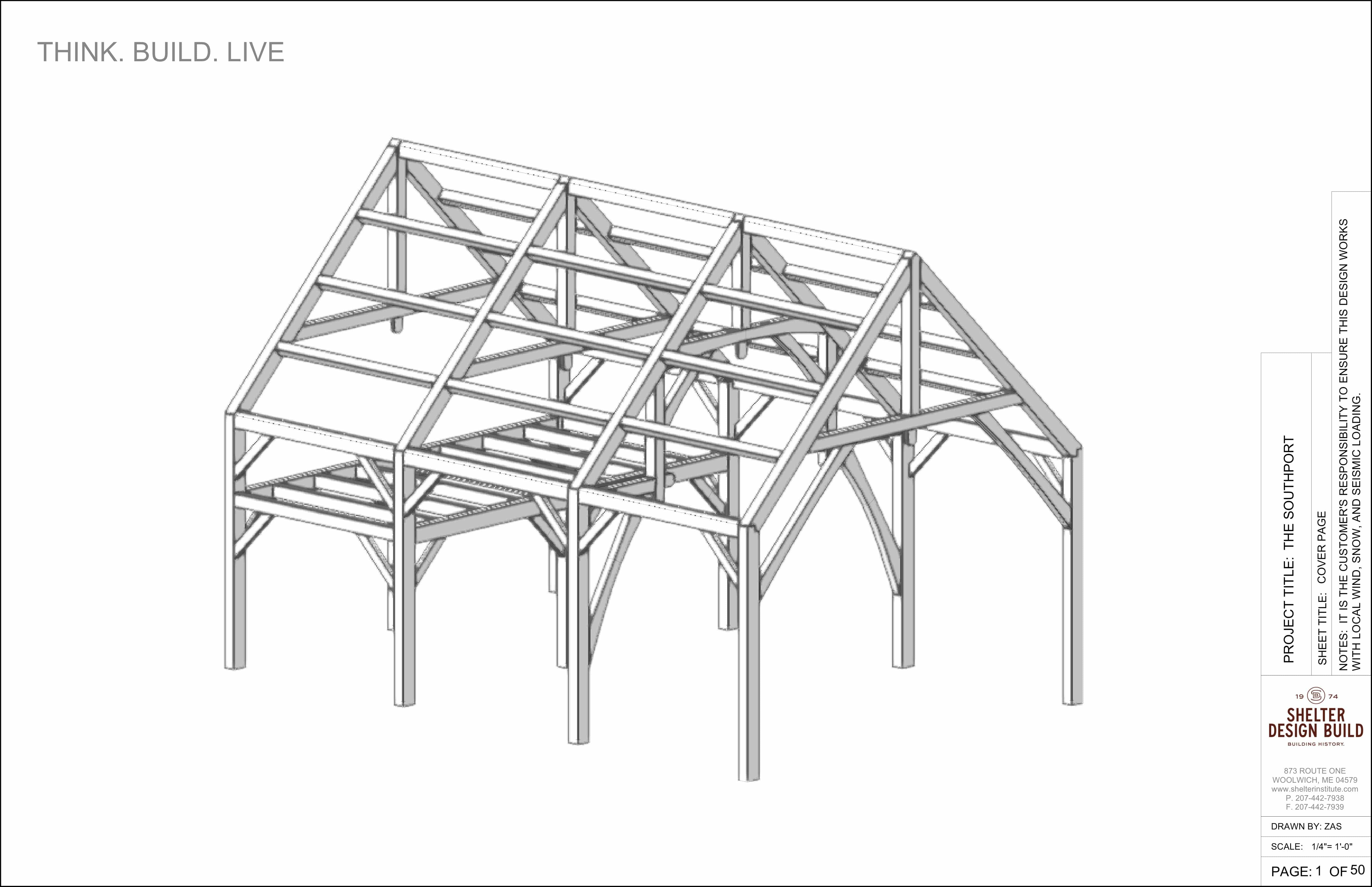 3D architectural drawing of the Southport 24x36 Hammerbeam timber frame by Shelter Institute, featuring a gable roof with exposed beams. "Think. Build. Live." on the left; plan and cut sheet package details listed on the right.