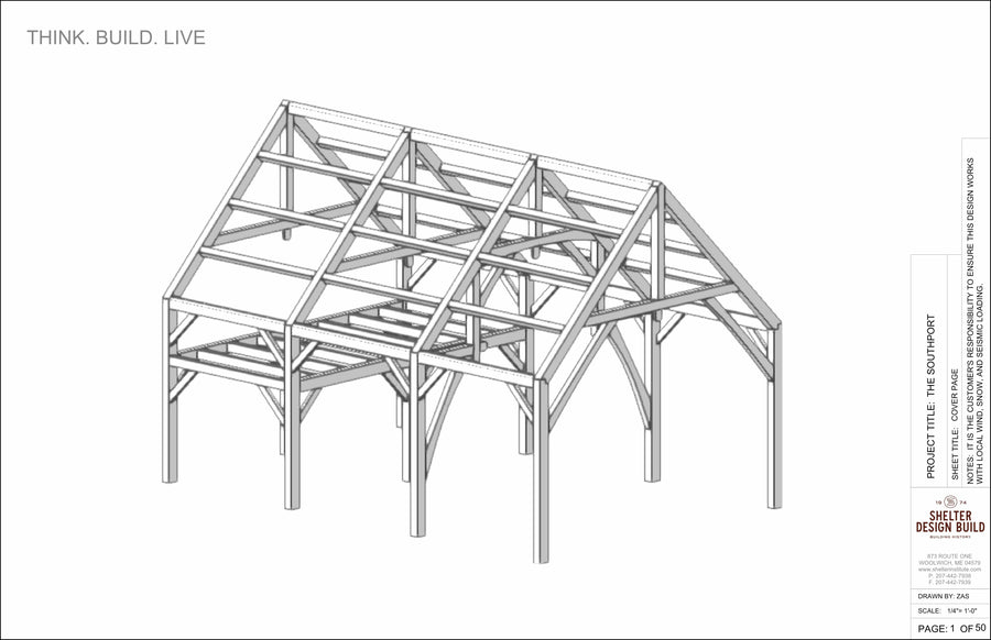3D architectural drawing of the Southport 24x36 Hammerbeam timber frame by Shelter Institute, featuring a gable roof with exposed beams. "Think. Build. Live." on the left; plan and cut sheet package details listed on the right.