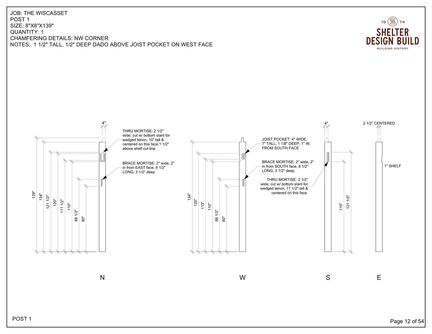 Technical drawing of a timber post with labeled mortises, tenons, dado, and joist pocket dimensions from The Wiscasset 36x36: Timber Frame Plan & Cut Sheet Package by Shelter Institute. Shelter Design Build logo shown top right.