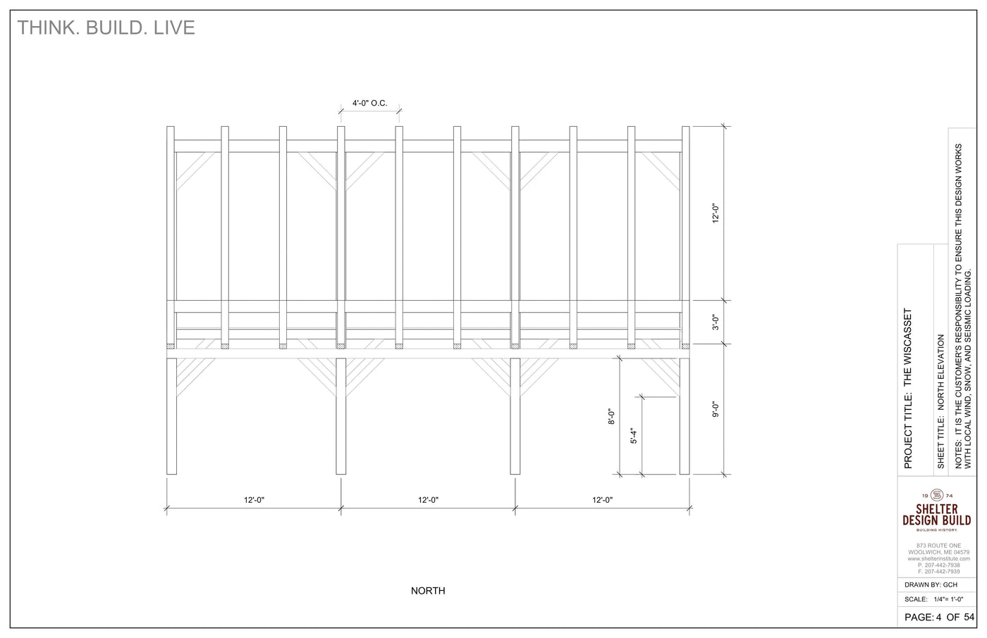 The Wiscasset 36x36 Timber Frame Plan & Cut Sheet Package by Shelter Institute includes a “NORTH” elevation showing vertical posts, diagonal braces, and horizontal beams with dimensions and project details for the shed-roof addition.