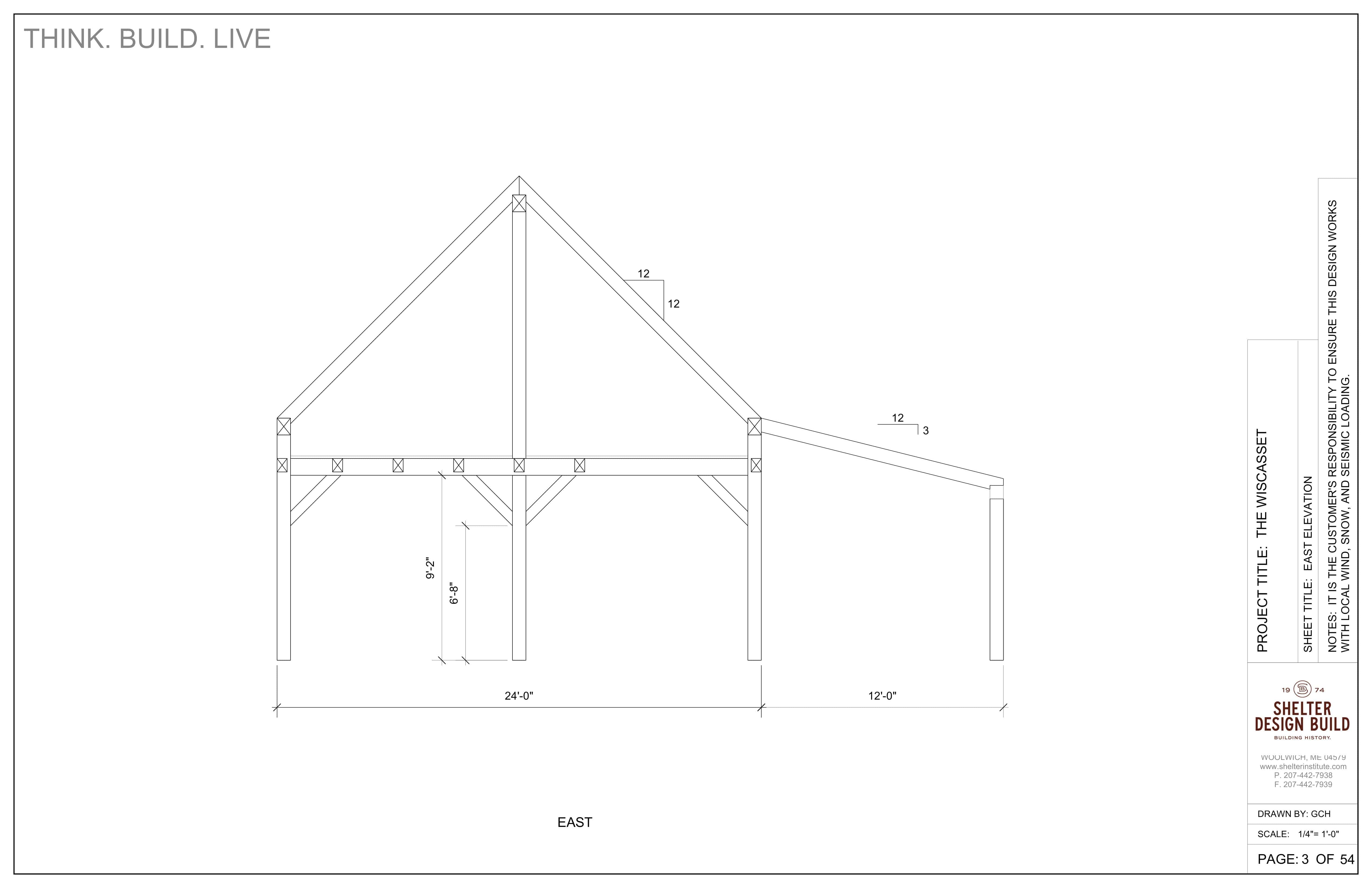 Technical line drawing of east-facing building elevation, showing timber frame structure, roof angles, and labeled dimensions; title block on right reads PRODUCT: THE WISCASSET 36x36 by SHELTER INSTITUTE.