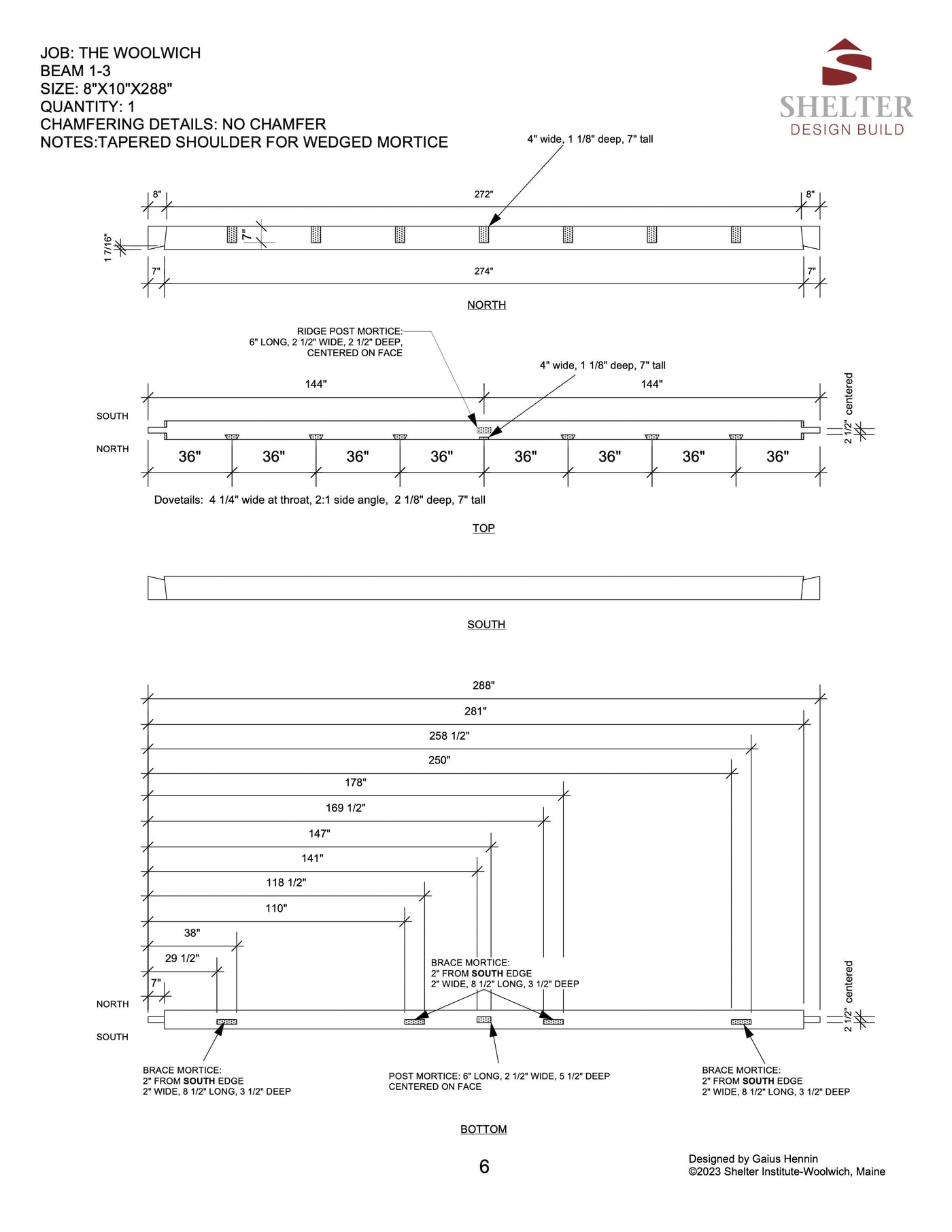 Technical drawing of The Woolwich 24x24: Timber Frame Plan & Cut Sheet Package by Shelter Institute shows a 24-ft wood ridge beam with labeled dimensions, mortise placements, brace notches, chamfering details, and top/north/south/bottom view text.