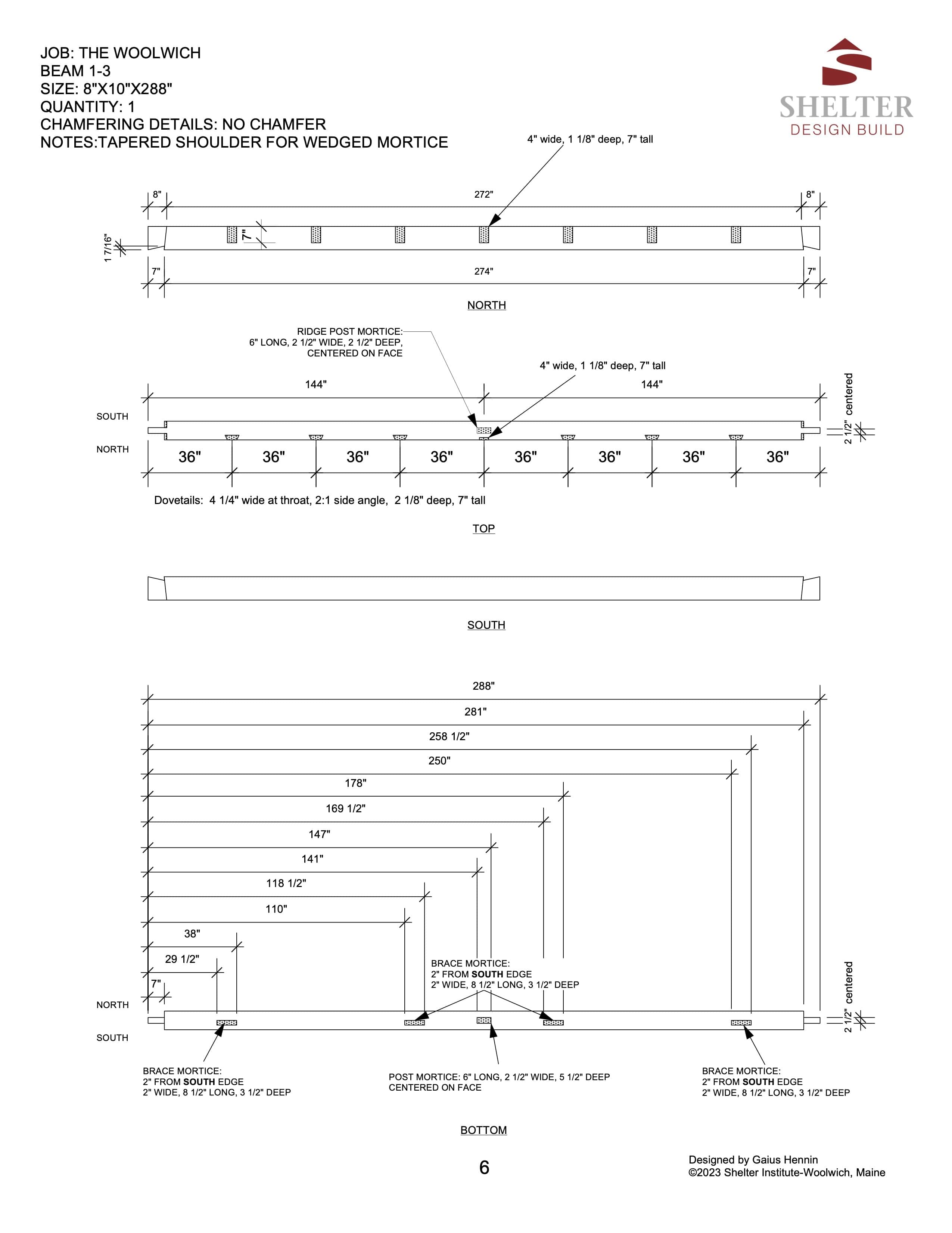 Technical drawing of The Woolwich 24x24: Timber Frame Plan & Cut Sheet Package by Shelter Institute shows a 24-ft wood ridge beam with labeled dimensions, mortise placements, brace notches, chamfering details, and top/north/south/bottom view text.