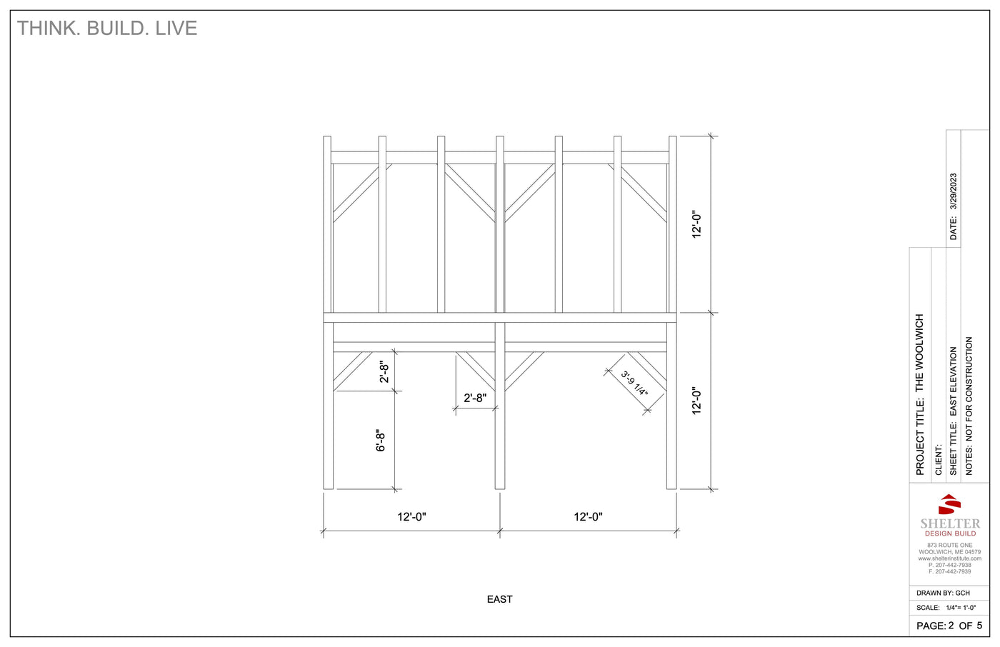 The Woolwich 24x24: Timber Frame Plan & Cut Sheet Package by Shelter Institute shows an east elevation with vertical supports, a prominent ridge beam, and labeled dimensions—24 ft wide and 120 in high—for all sections and beams.