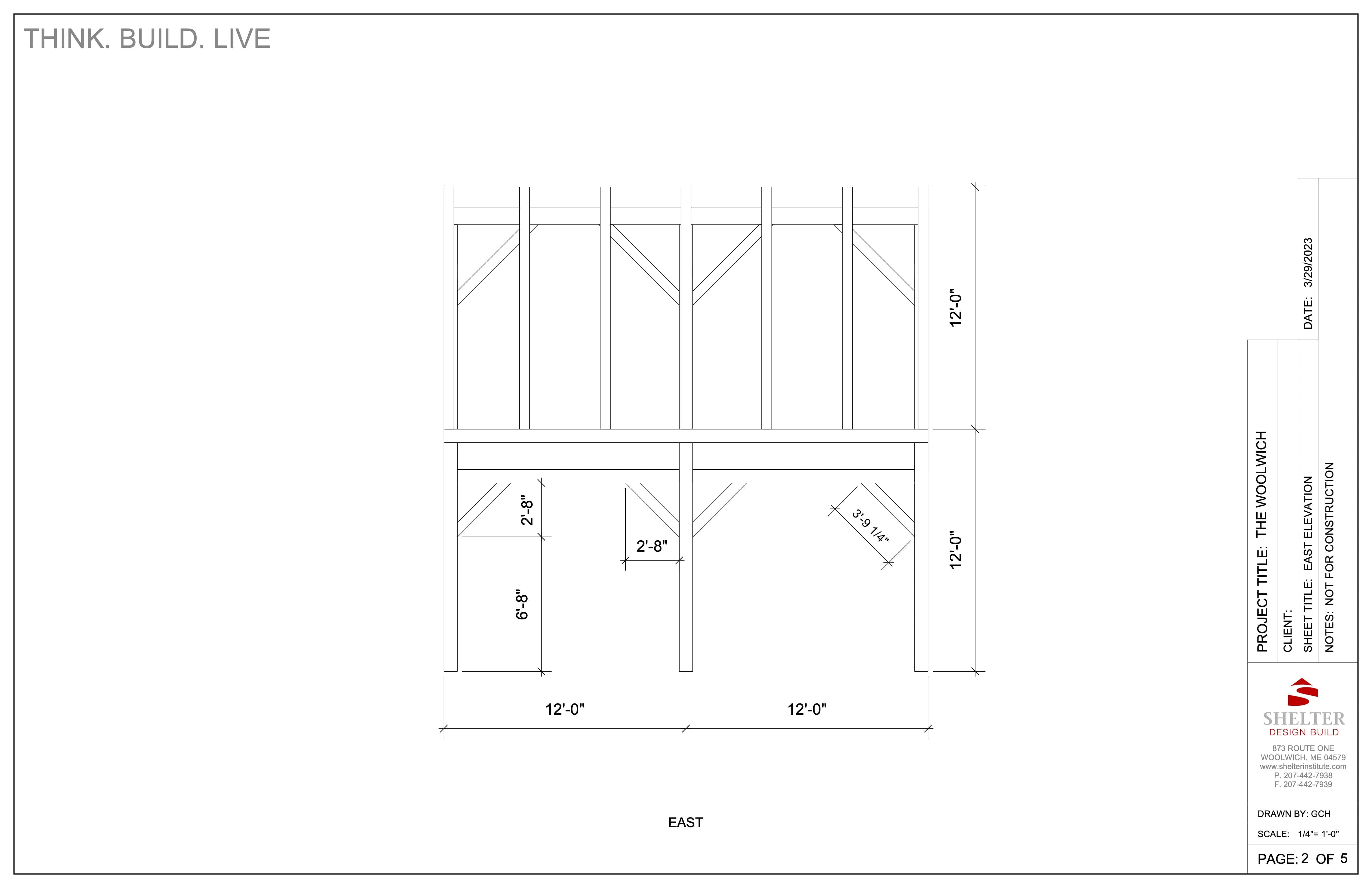 The Woolwich 24x24: Timber Frame Plan & Cut Sheet Package by Shelter Institute shows an east elevation with vertical supports, a prominent ridge beam, and labeled dimensions—24 ft wide and 120 in high—for all sections and beams.
