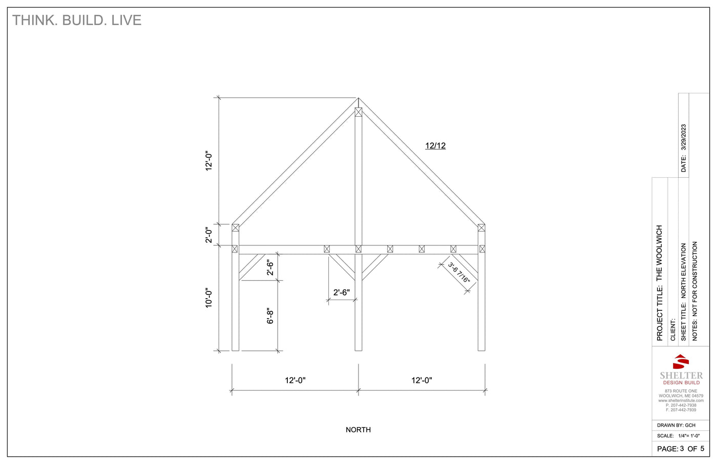 Architectural drawing of the north elevation for Shelter Institute's The Woolwich 24x24: Timber Frame Plan & Cut Sheet Package, featuring a 24-ft wide base, 12-ft roof height, peaked ridge beam, posts, beams, and labeled measurements.