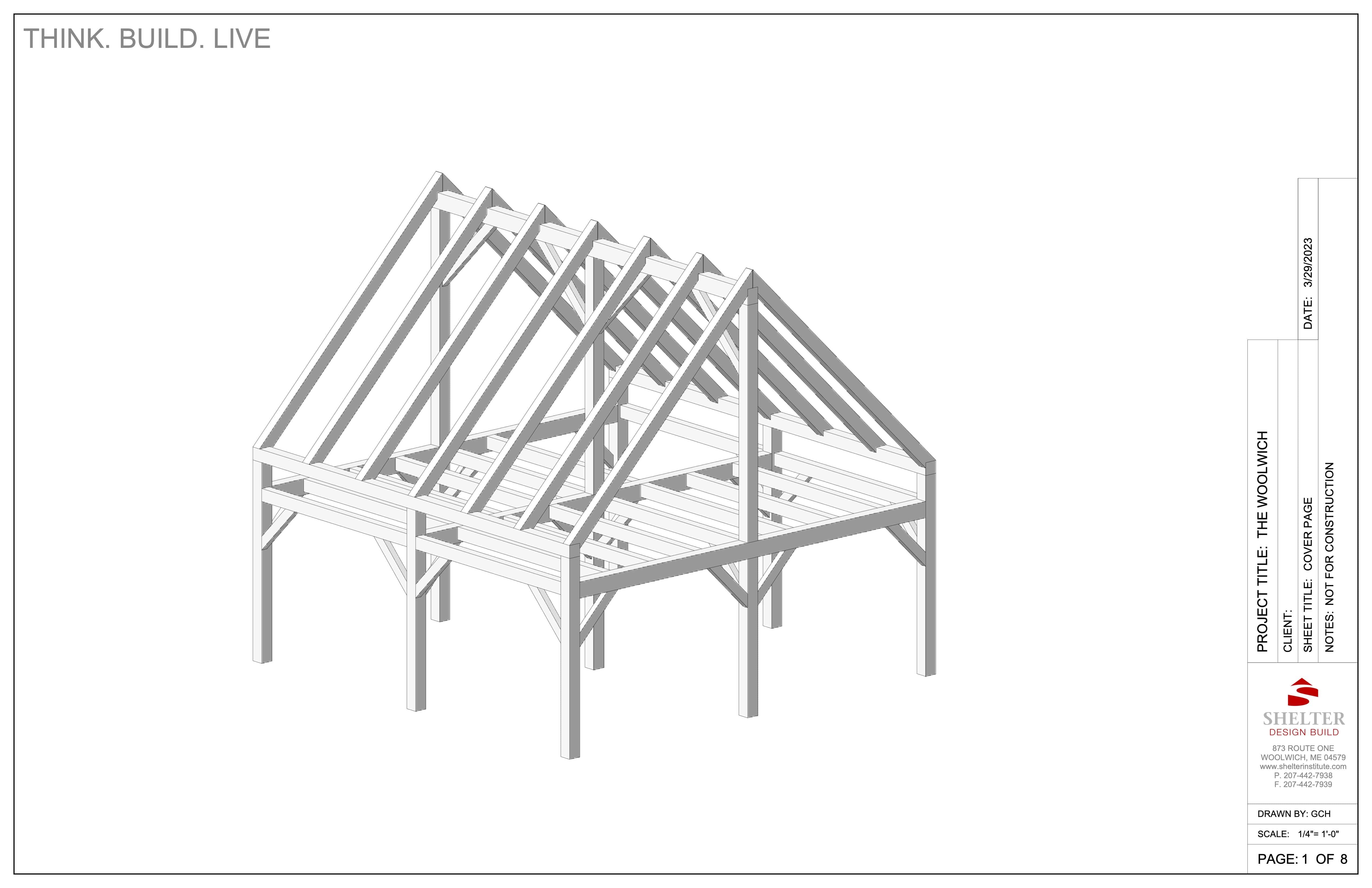 Minimalist 3D architectural drawing of The Woolwich 24x24 Timber Frame by Shelter Institute, showing exposed beams, ridge beam, and trusses. Perfect for house or building plans—includes full plan and cut sheet package on a clean white background.