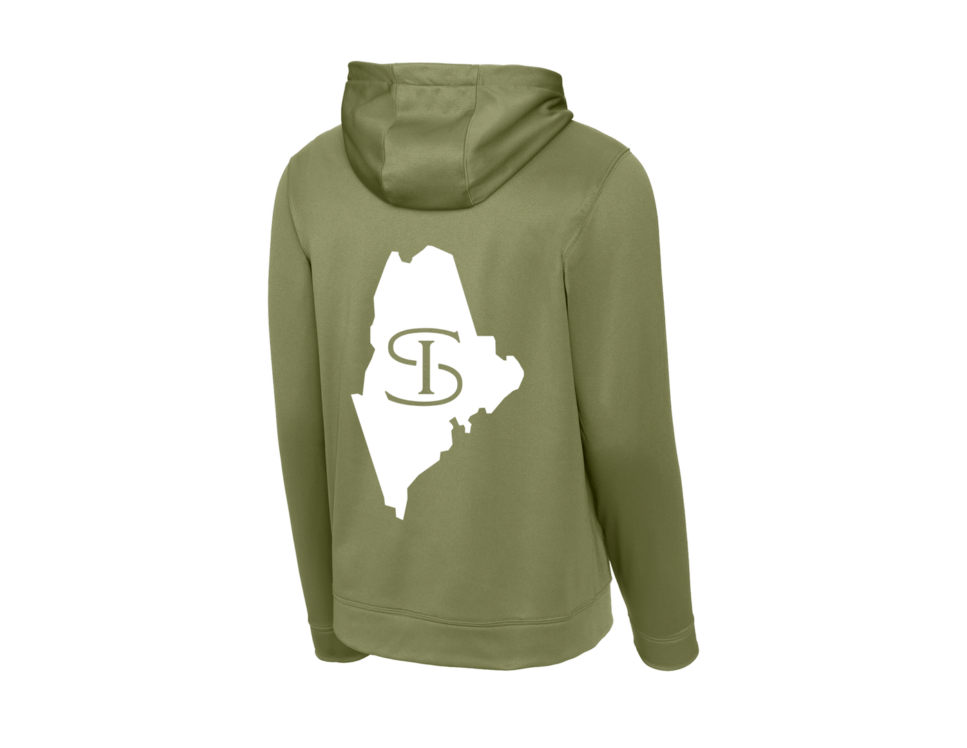The Shelter Institute Maine State Athletic Sweatshirt by Shelter Institute is a light olive green sweatshirt with a white graphic outline of Maine and interlocking D and L letters on the back, combining comfort and style.