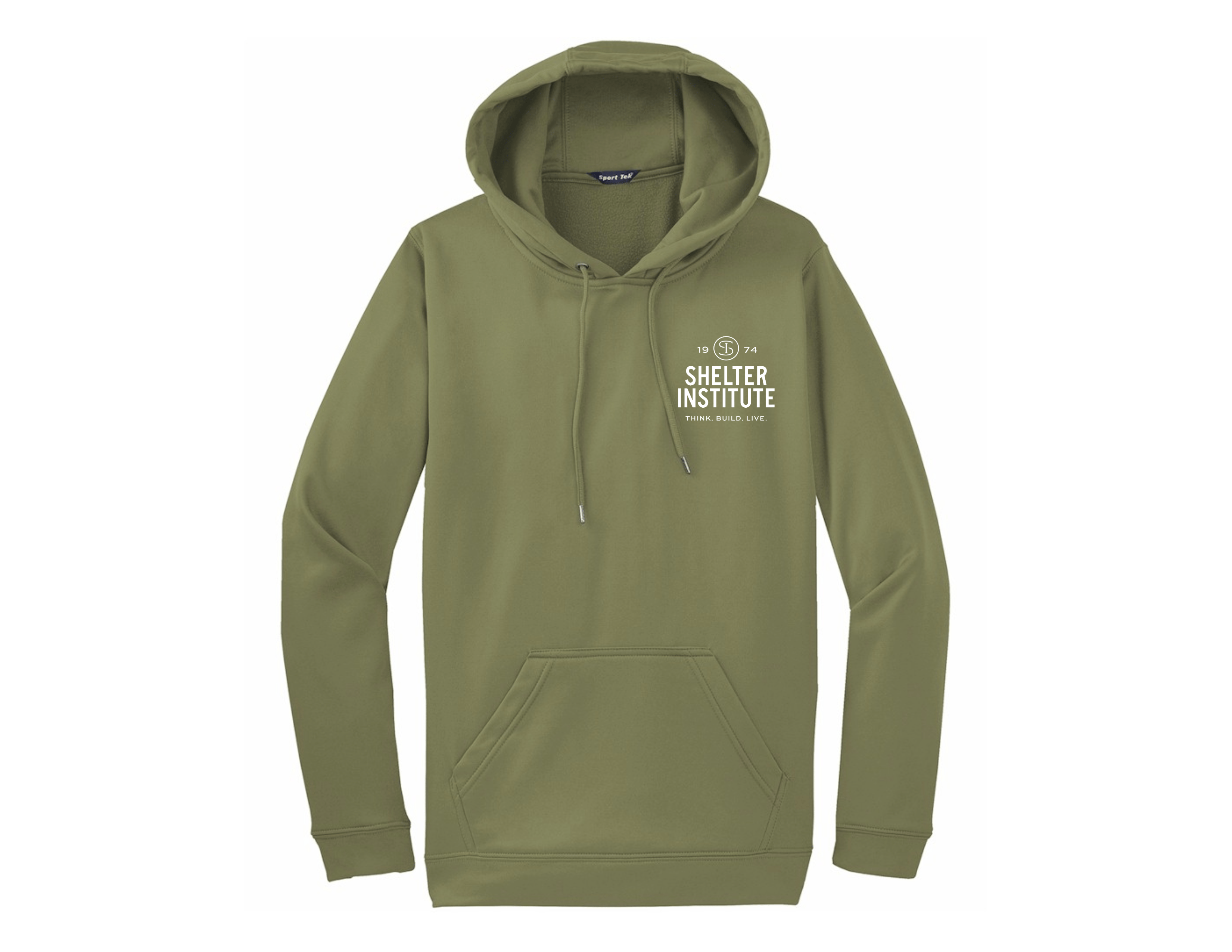 The Shelter Institute Maine State Athletic Sweatshirt is a light olive green hoodie with a front pocket and white Shelter Institute logo plus "Tools. Design. Life." text—ideal for Maine adventures or casual athletic wear.