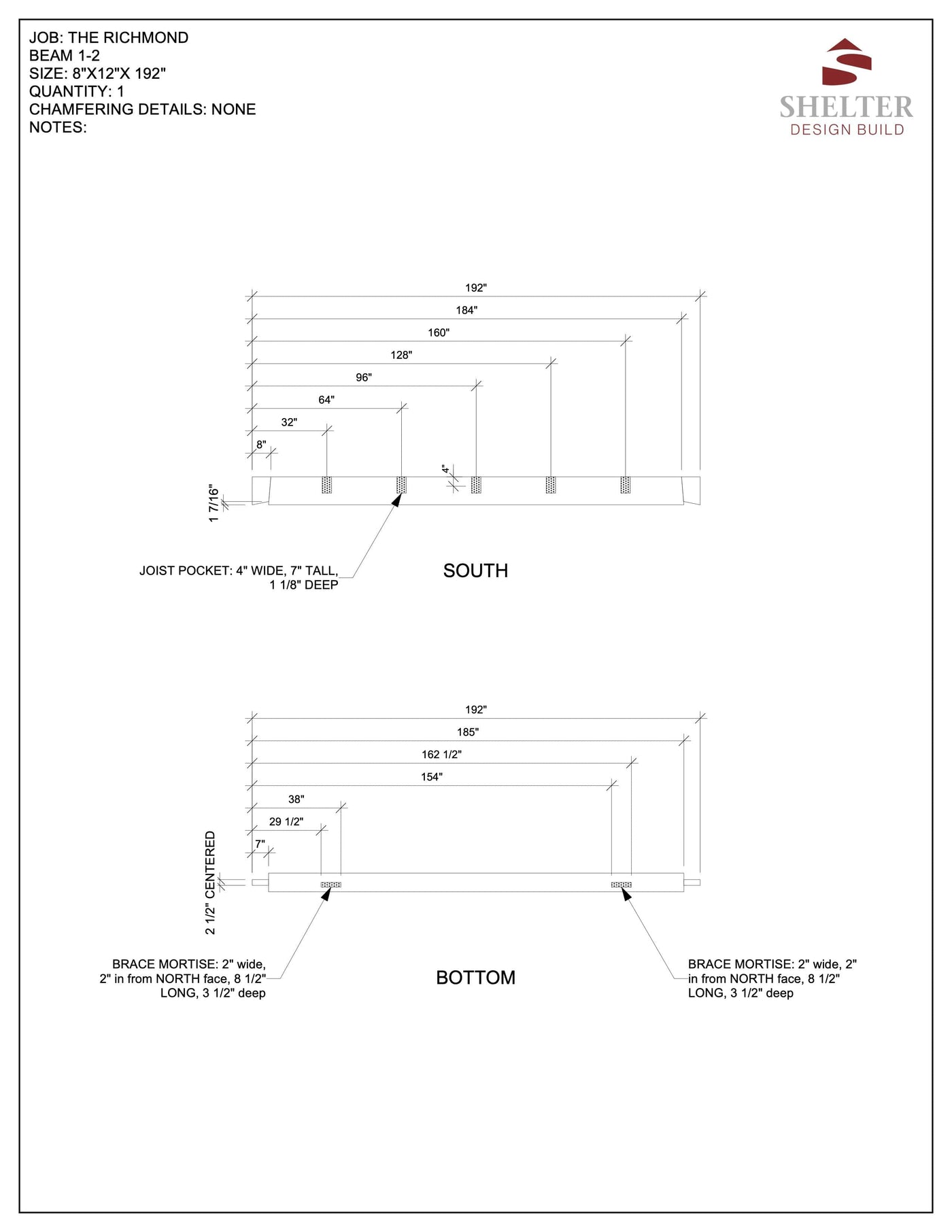 Architectural drawing with south and bottom views of a timber frame beam, detailed measurements, joist pocket and brace mortise locations, plus Shelter Institute logo—ideal for The Richmond 16x20: Timber Frame Plan & Cut Sheet Package.