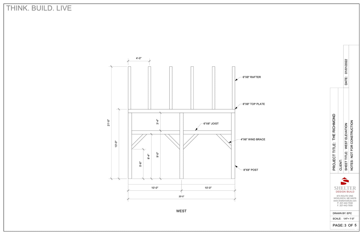 Technical drawing showing the west view of a timber frame with labeled rafters, top plates, joists, braces, and posts plus dimensions and notes from The Richmond 16x20: Timber Frame Plan & Cut Sheet Package by Shelter Institute.