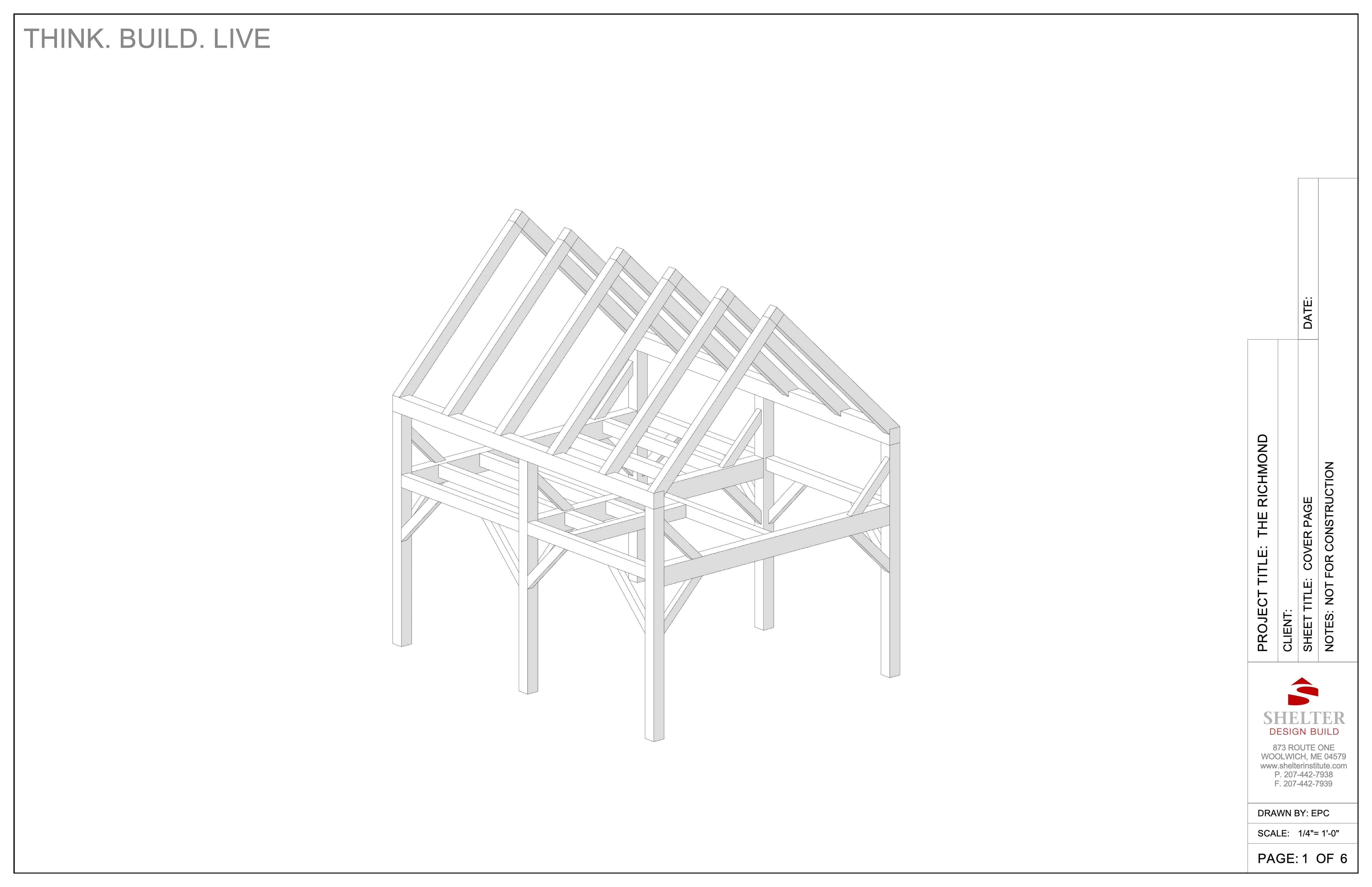 A 3D architectural drawing of a timber frame structure with gable roof, open walls, and exposed beams. Shown is The Richmond 16x20: Timber Frame Plan & Cut Sheet Package by Shelter Institute on a white background.