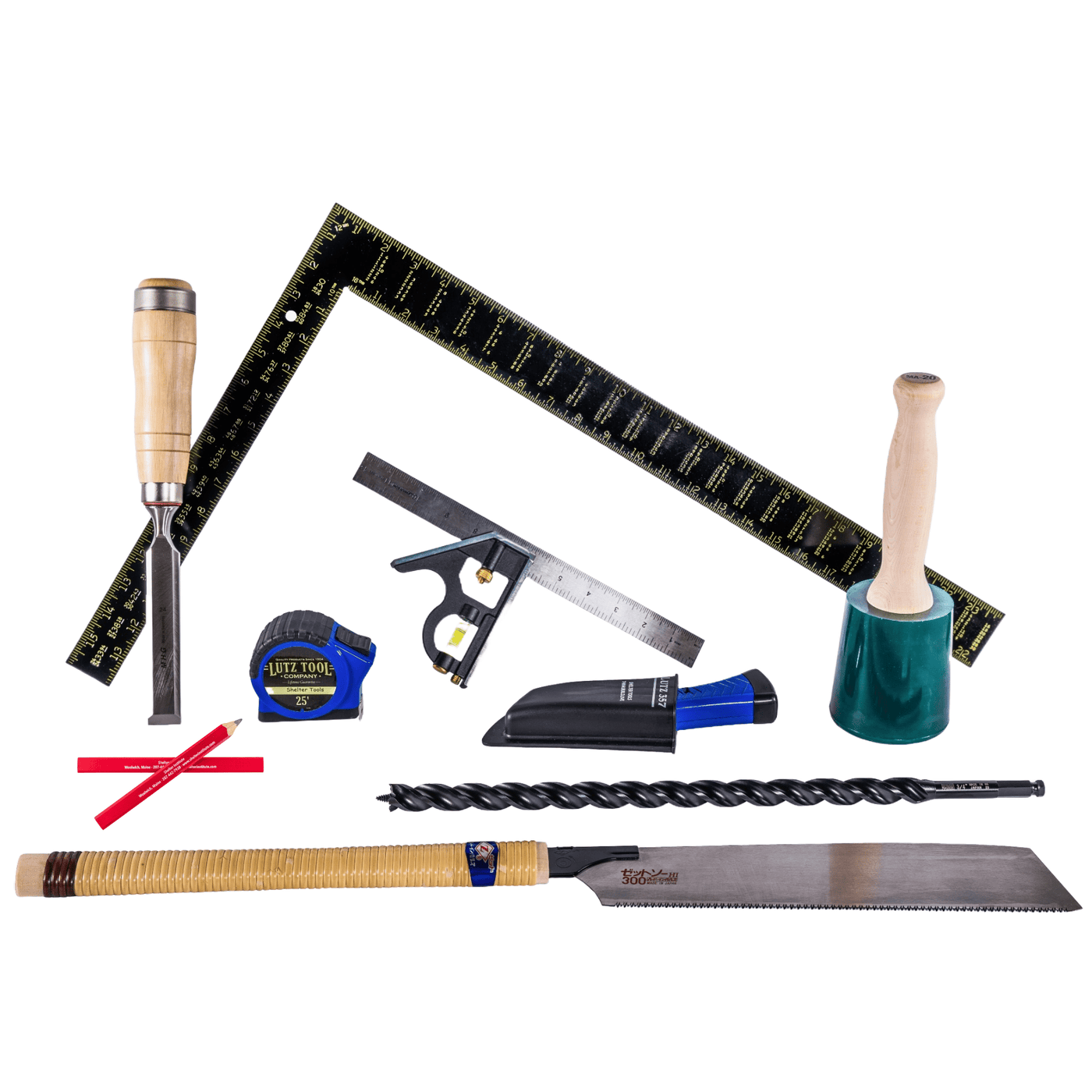 The Weekender: A Timber Frame Tool Kit by Shelter Institute includes a chisel, mallet, saw, two measuring squares, tape measure, pencils, and drill bits—perfectly arranged on a white background for your woodworking needs.
