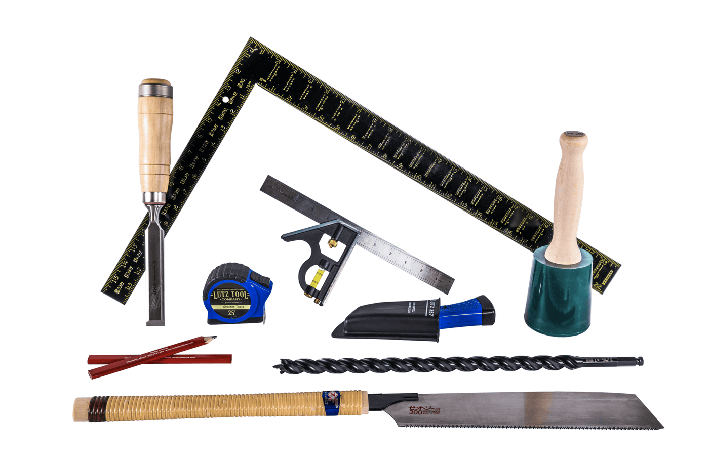 The Shelter Institute Timber Frame Weekender Kit includes a chisel, rulers, mallet, hand saw, auger bit, square, marking knife, and sharpening tool—perfect for entry-level timber framing and joinery—all displayed on a white background.