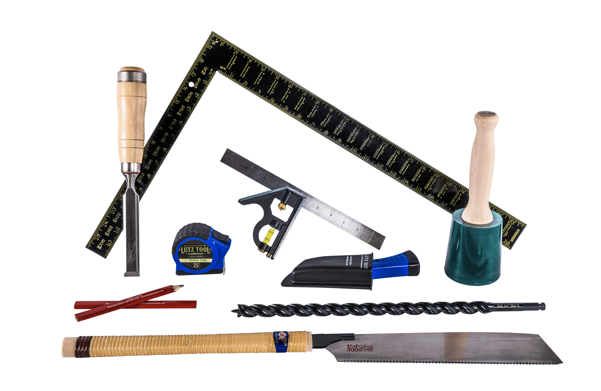 The Shelter Institute Timber Frame Weekender Kit includes a chisel, rulers, mallet, hand saw, auger bit, square, marking knife, and sharpening tool—perfect for entry-level timber framing and joinery—all displayed on a white background.