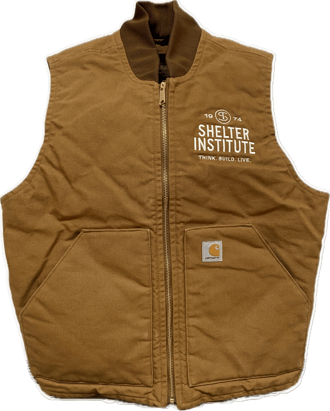 The Carhartt Men's V01 Vest from Shelter Institute features two front pockets, a zipper, and the Shelter Logo printed on the left chest; this insulated duck vest delivers warmth and durability.