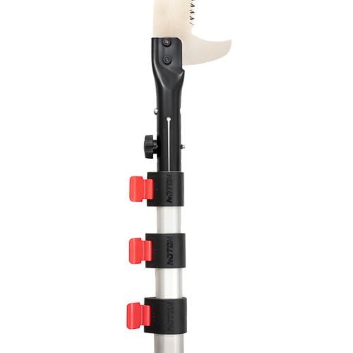 Close-up of the SHT Aluminum Notch Pole Saw with Silky Hayuchi Blade, featuring a telescoping metallic pole with red and black adjustment locks, designed for professional pruning.