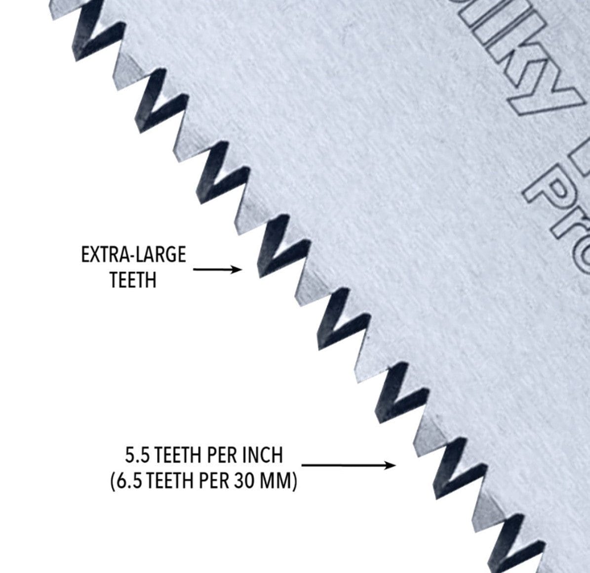 Close-up of the SHT Aluminum Notch Pole Saw with Silky Hayuchi Blade, showing jagged, extra-large teeth. Text highlights EXTRA-LARGE TEETH and 5.5 TEETH PER INCH (6.5 PER 30 MM) on a metallic background—perfect for pro pole saw setups.