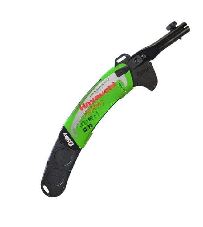 A green and black Aluminum Notch Pole Saw by SHT with a Silky Hayuchi blade, protective blade cover, safety lock button, and a professional-grade design for pole saw use.