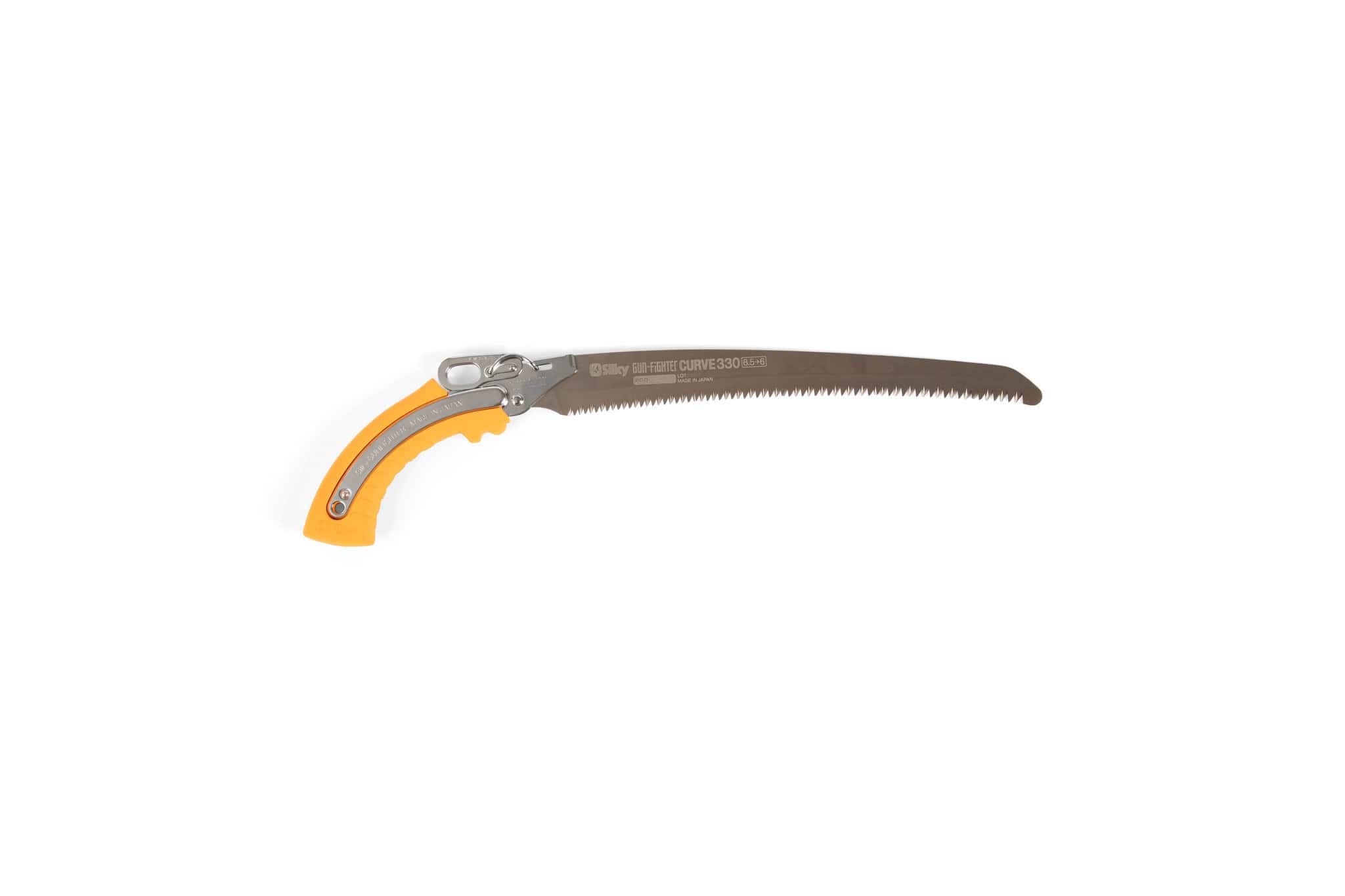 The SHT Silky Gun Fighter 330 is a lightweight saw with a curved, serrated blade, orange and gray handle, and progressive tooth sizing, designed for efficient cutting of branches or wood.