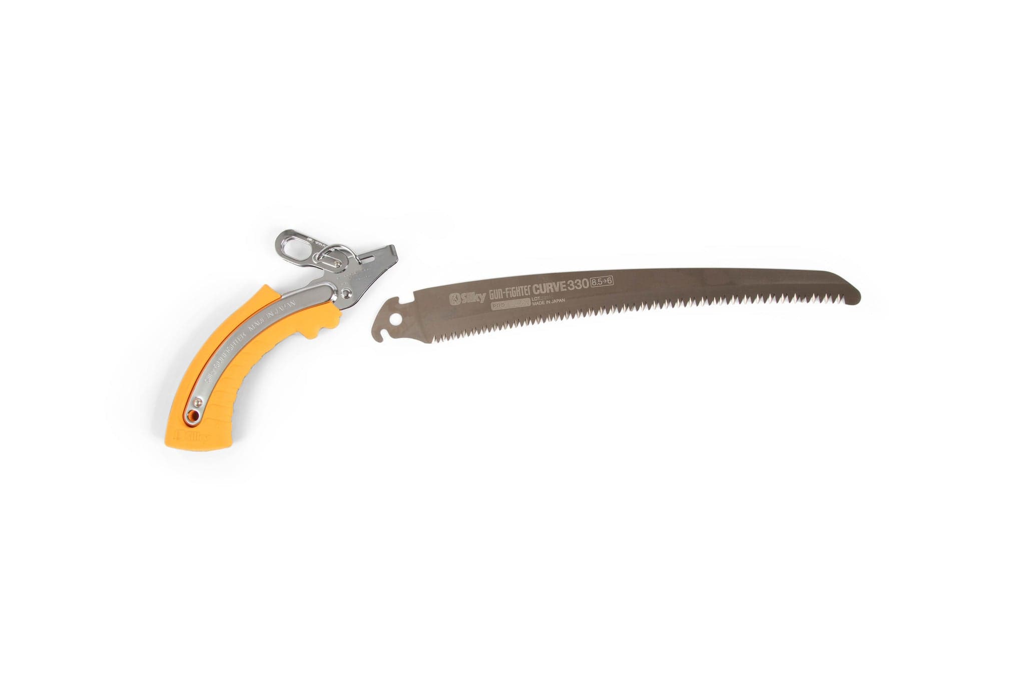 The SHT Silky Gun Fighter 330, featuring a curved blade and an orange handle with a quick-change design, is displayed side by side on a white background.