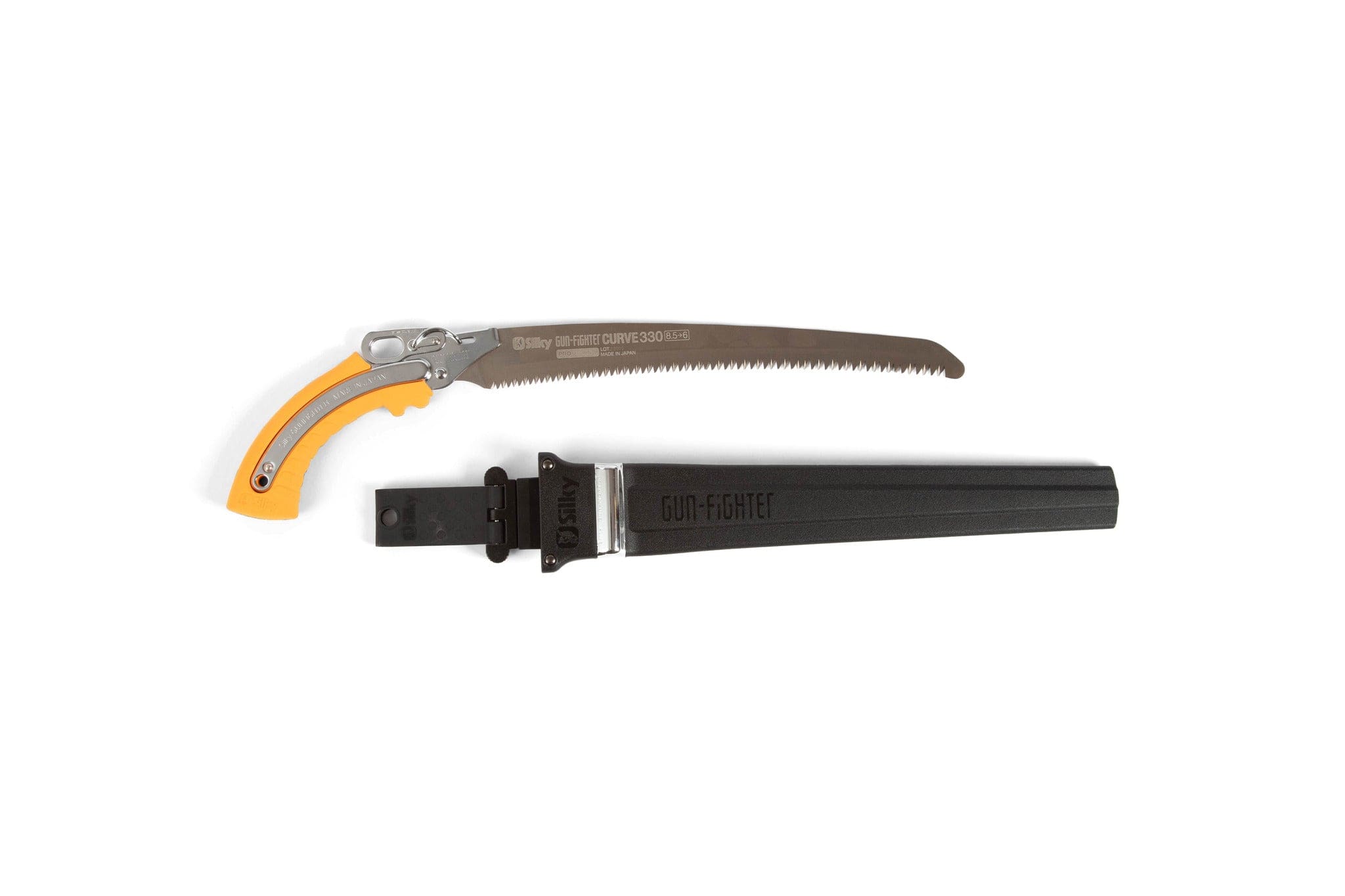 The SHT Silky Gun Fighter 330 is a lightweight pruning saw with progressive tooth sizing and a yellow-silver handle, shown beside a black sheath labeled GUN-FIGHTER on a white background.
