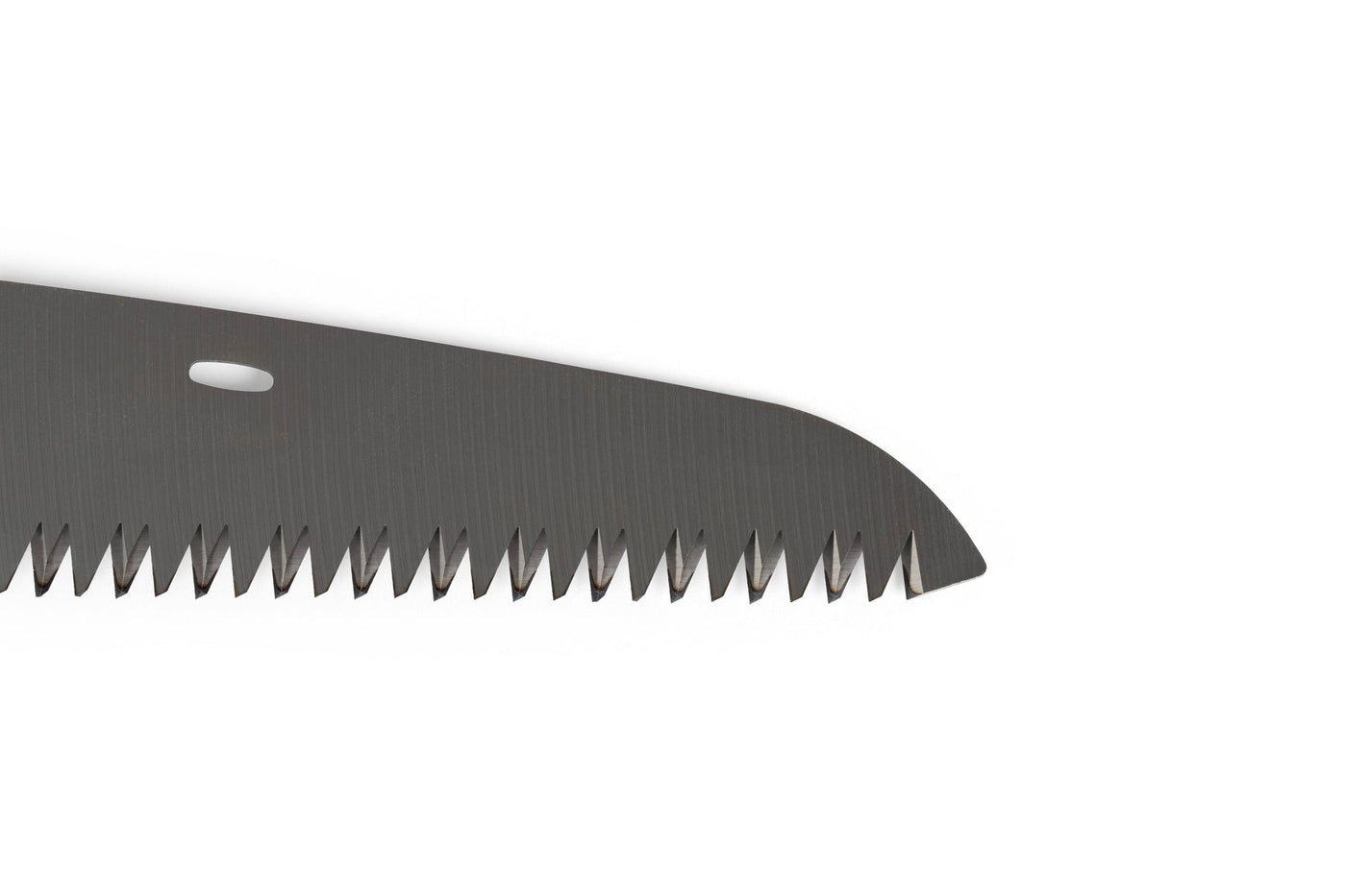 Close-up of the serrated Silky Pocket Boy 170 Folding Saw blade by SHT, featuring a curved tip for precision cutting, shown against a plain white background.