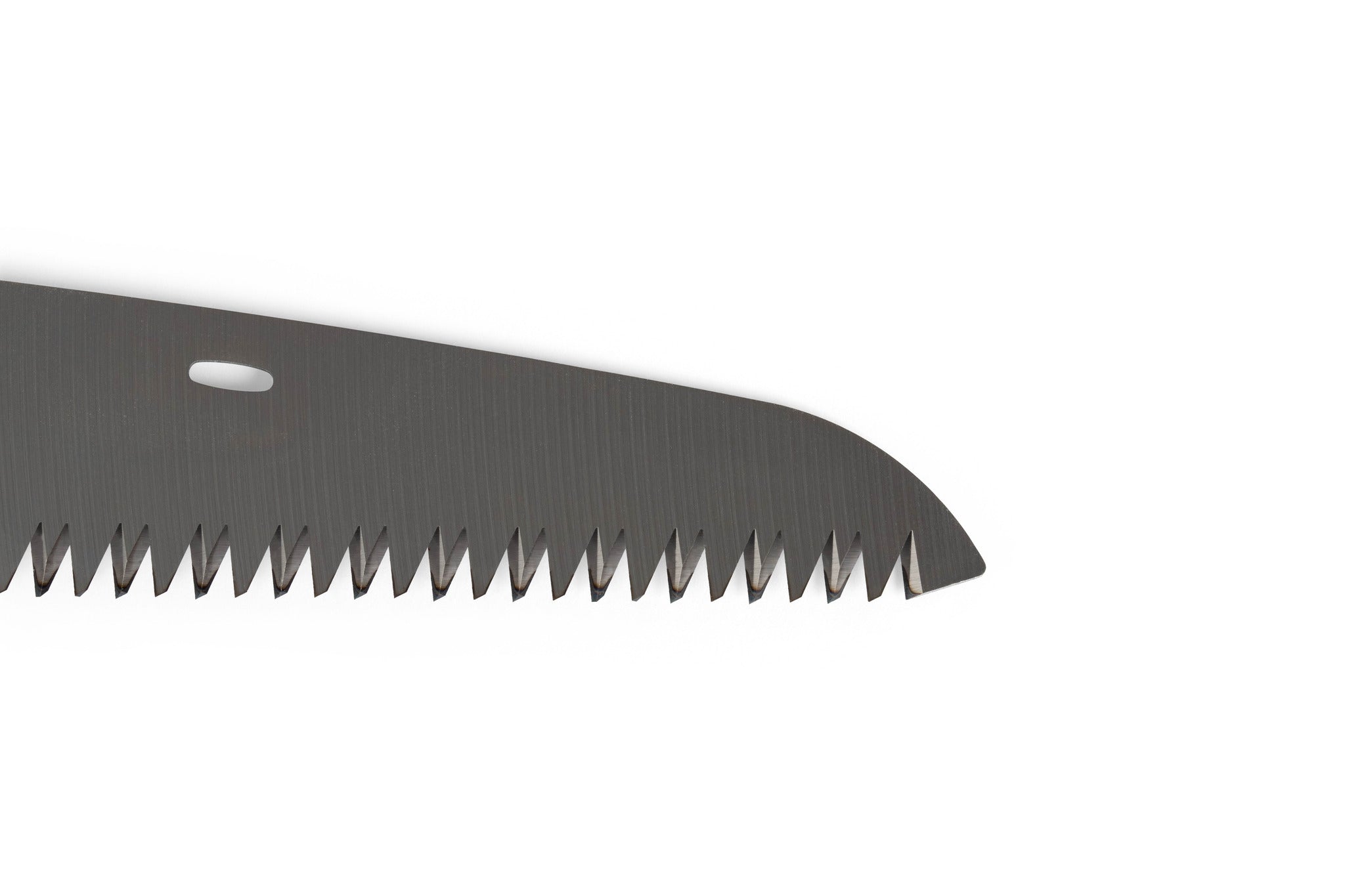 Close-up of the serrated Silky Pocket Boy 170 Folding Saw blade by SHT, featuring a curved tip for precision cutting, shown against a plain white background.