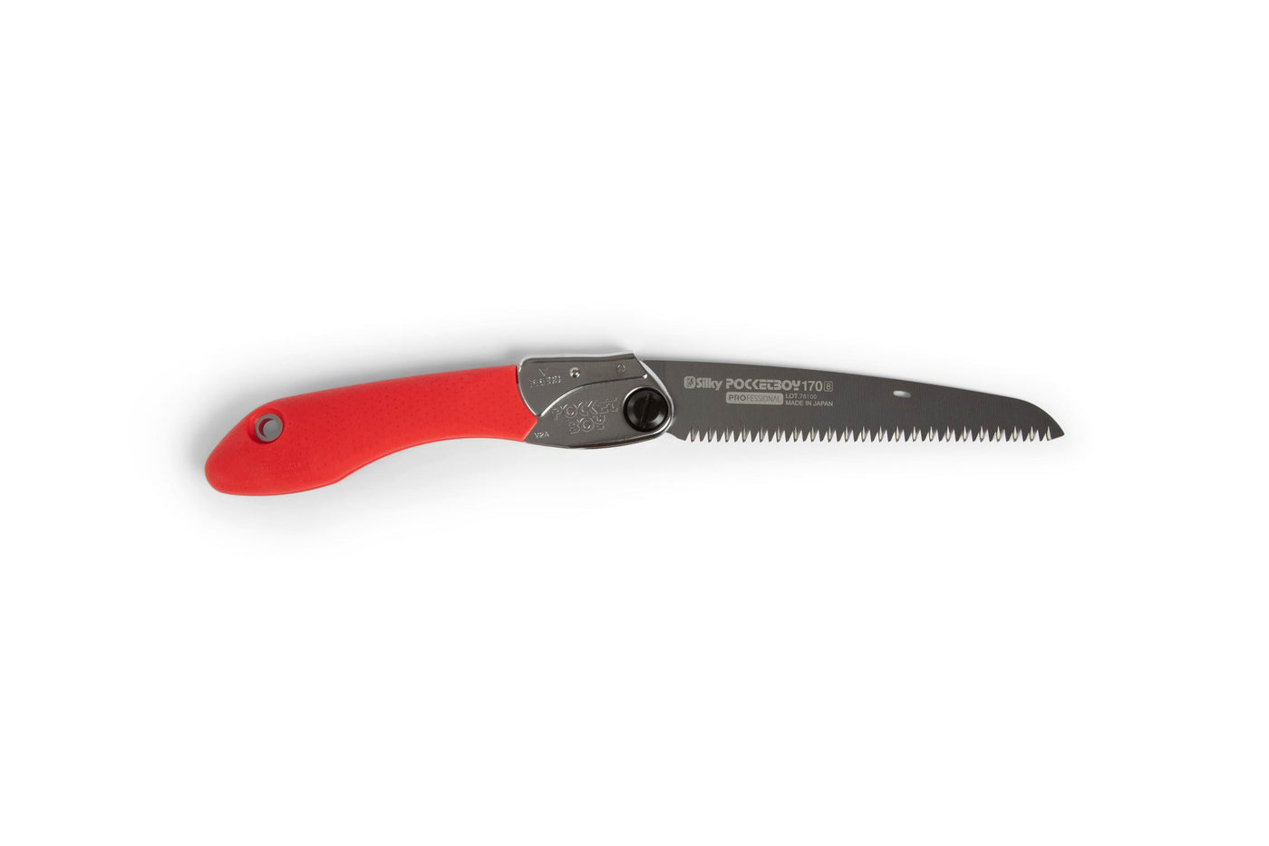 The SHT Silky Pocket Boy 170 Folding Saw features a red handle, a partially extended silver blade with sharp teeth, and a secure locking mechanism, displayed on a white background for precise cutting tasks.