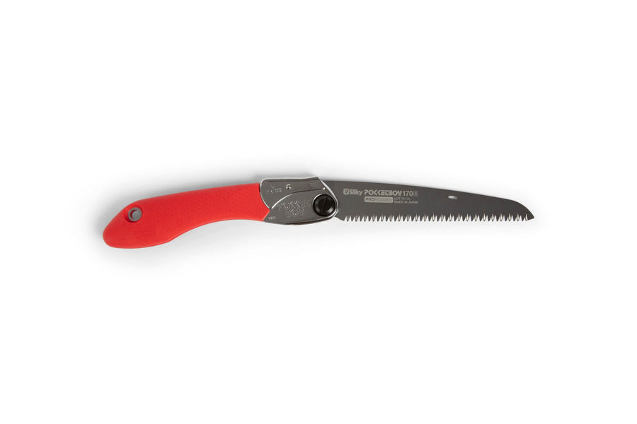 The SHT Silky Pocket Boy 170 Folding Saw features a red handle, a partially extended silver blade with sharp teeth, and a secure locking mechanism, displayed on a white background for precise cutting tasks.
