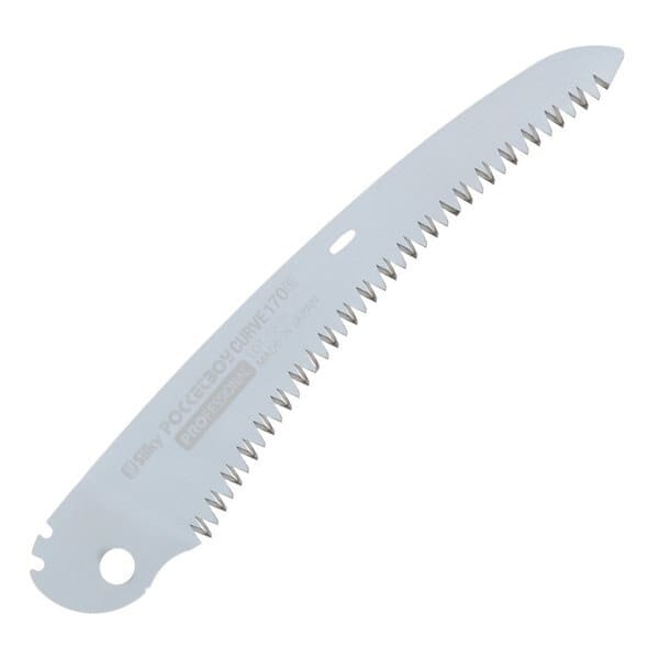 The Pocket Boy 170 Folding Saw by BBT offers a curved replacement blade with sharp, jagged teeth and a tactile grip for improved handling.