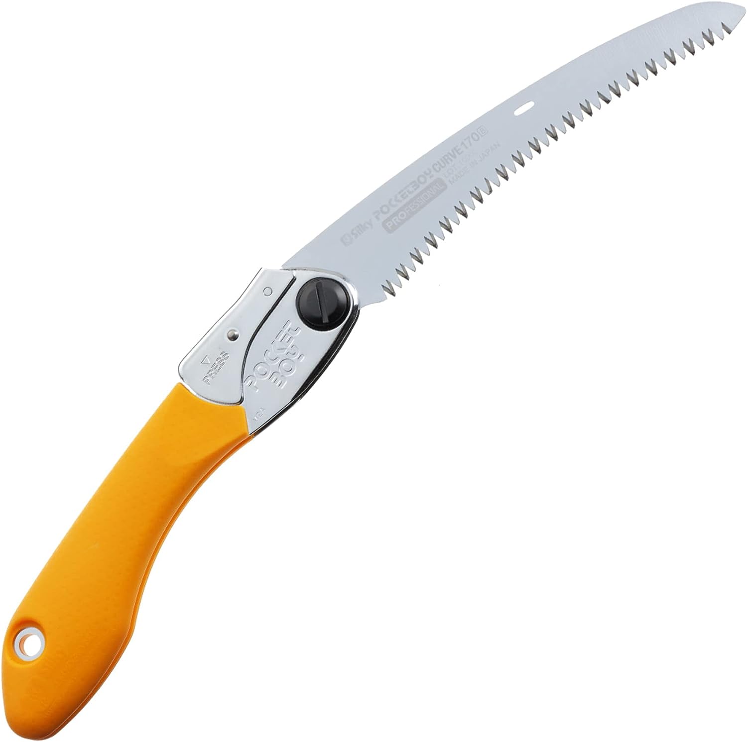 The BBT Pocket Boy 170 Folding Saw boasts a tactile grip and yellow handle, featuring an open serrated blade expertly designed for cutting wood.