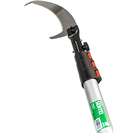 A close-up of the SHT Nobasu Aluminum Notch Pole Saw with a Silky curved, serrated blade for pruning large branches, a silver telescoping aluminum pole with a green label, and orange adjustment buttons.