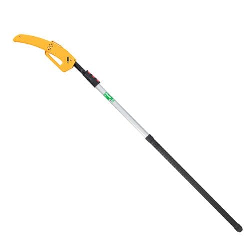 The SHT Nobasu Aluminum Notch Pole Saw with Silky blade features a telescoping shaft, black handle, and curved yellow blade—perfect for pruning large branches high in trees.