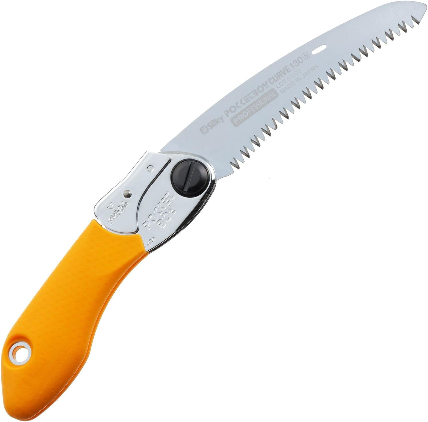 The BBT Silky Pocket Boy 130 Folding Saw is a compact, orange-handled saw with a curved, serrated metal blade, locking mechanism, and partially open design—ideal for cutting wood or branches.