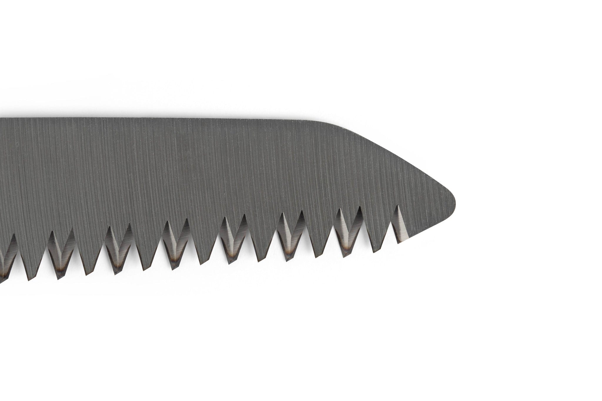 Close-up of the serrated edge of the SHT Silky Big Boy Saw’s large gray blade with jagged teeth, set against a white background.