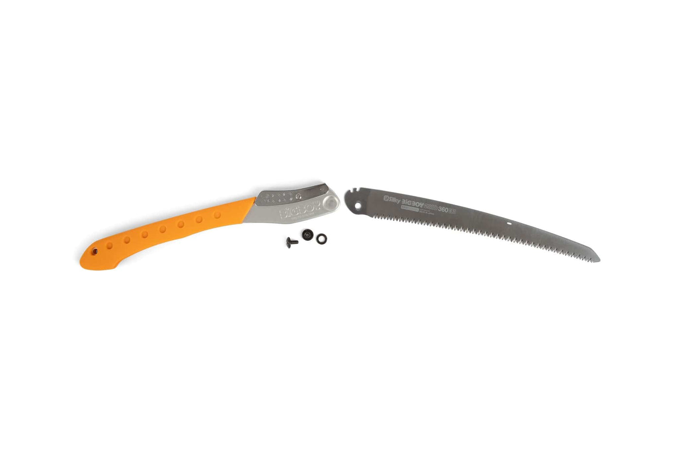 The SHT Silky Big Boy Saw is shown disassembled on a white background, featuring its orange handle, serrated blade, and two small screws—perfect for anyone needing a compact yet powerful pruning saw.